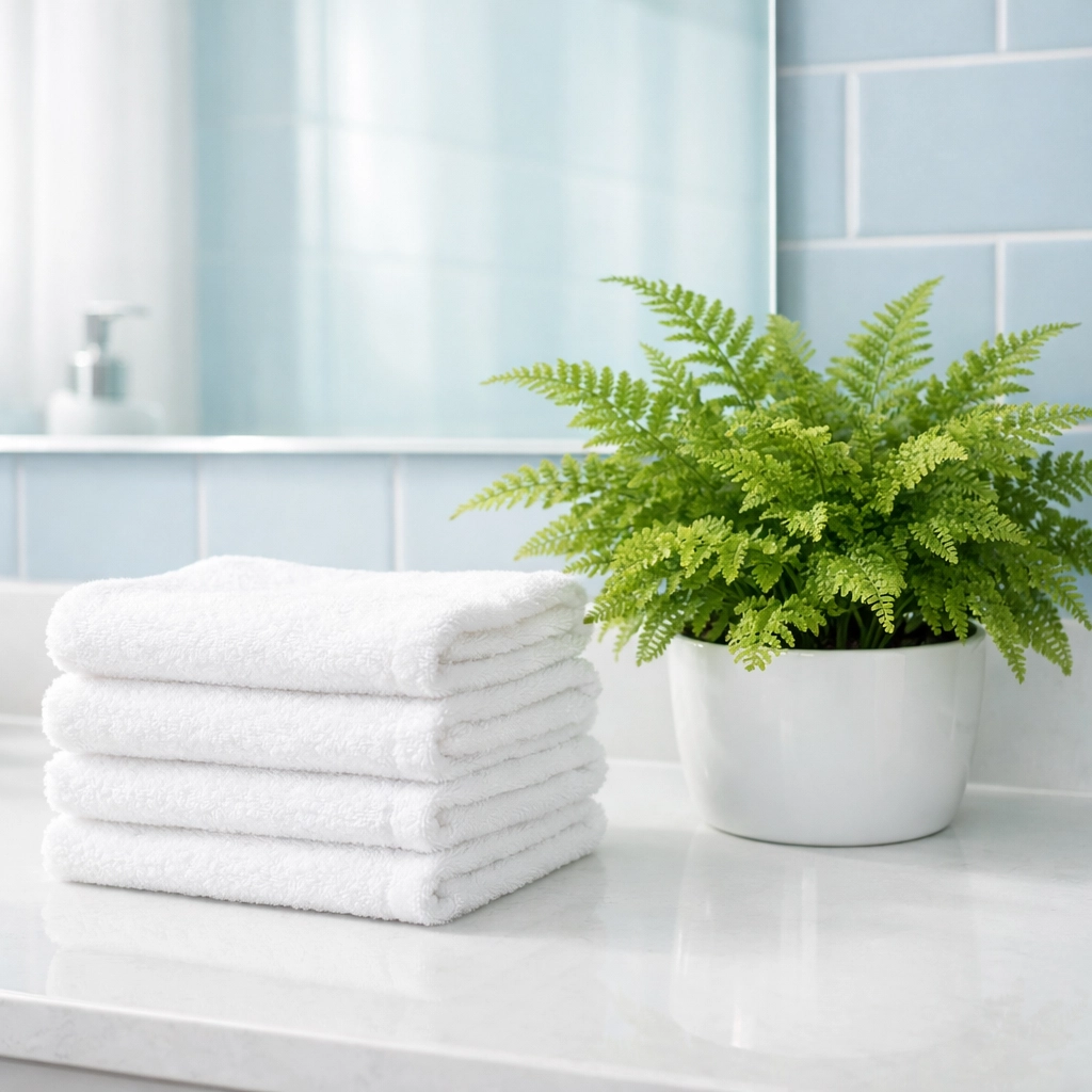 Pristine bathroom vanity with eco-friendly supplies for a healthy move-in cleaning.
