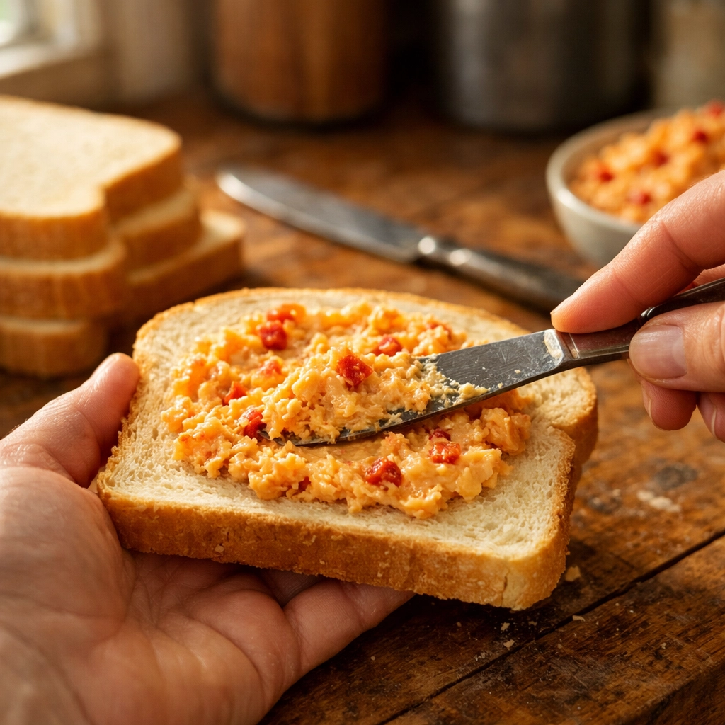 Spreading creamy pimento cheese on white bread for Southern tea sandwiches