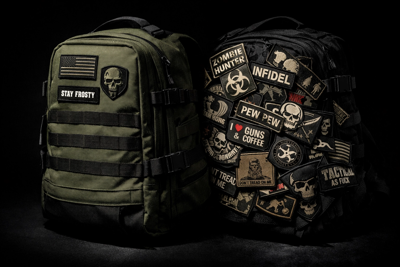 Tactical backpack showing proper morale patch placement versus cluttered arrangement