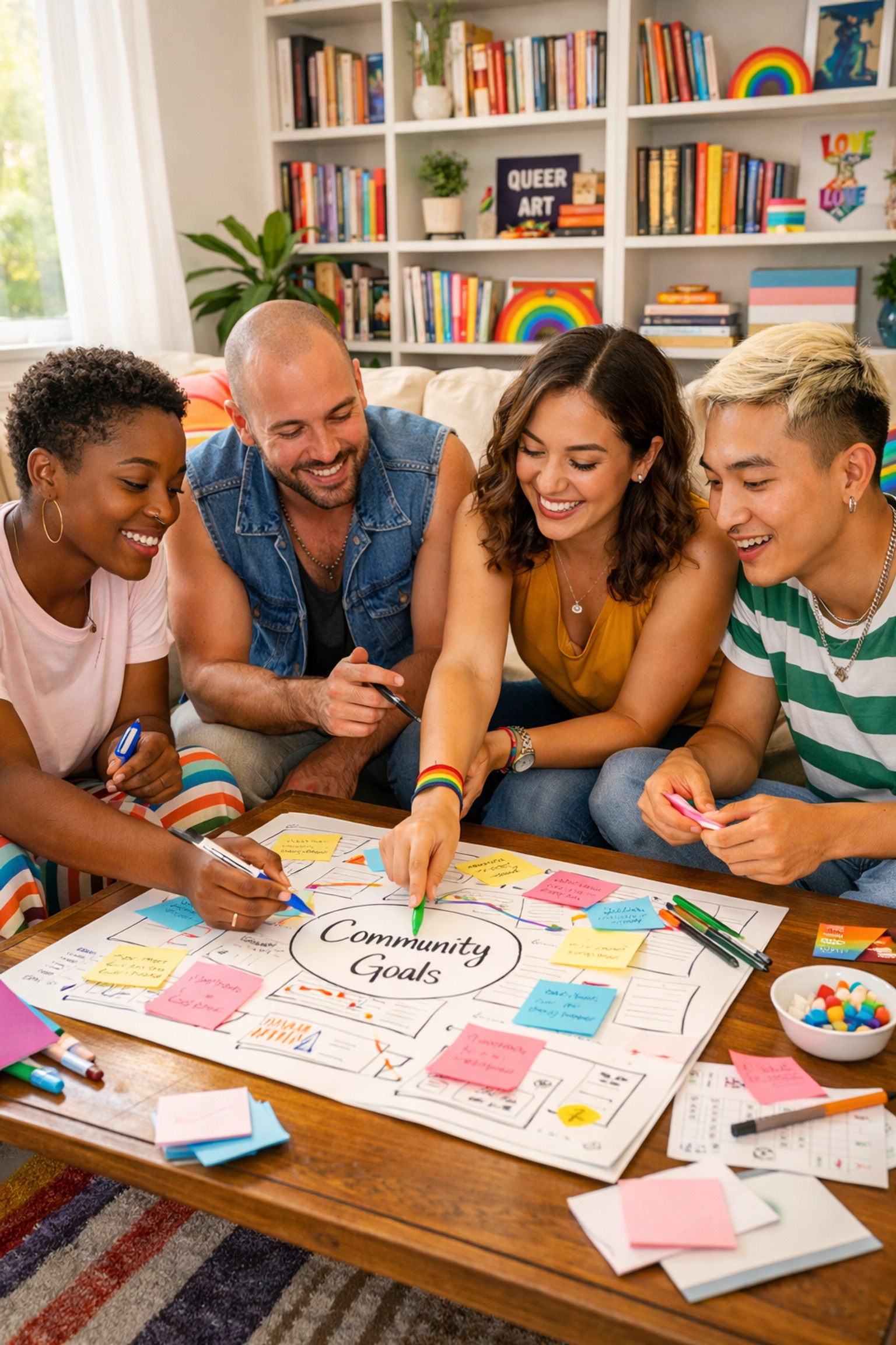 Queer friends collaborating on a project, illustrating grassroots organizing and LGBTQ+ community support.
