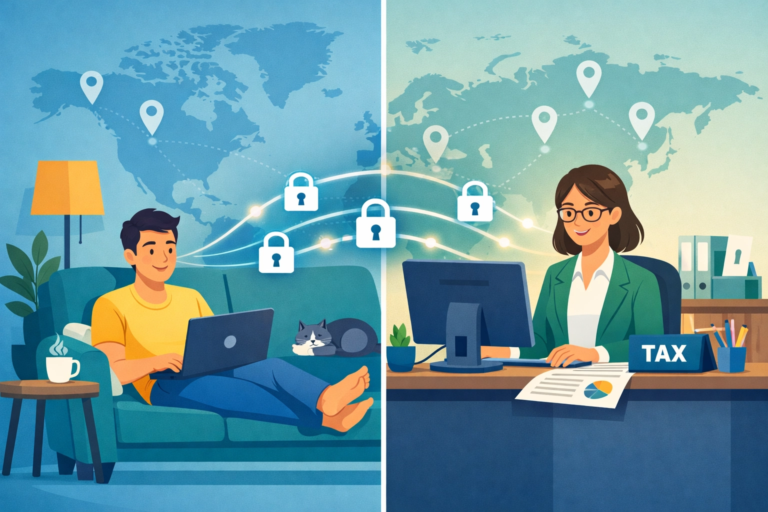 Remote tax preparation showing client working from home connected to tax professional anywhere