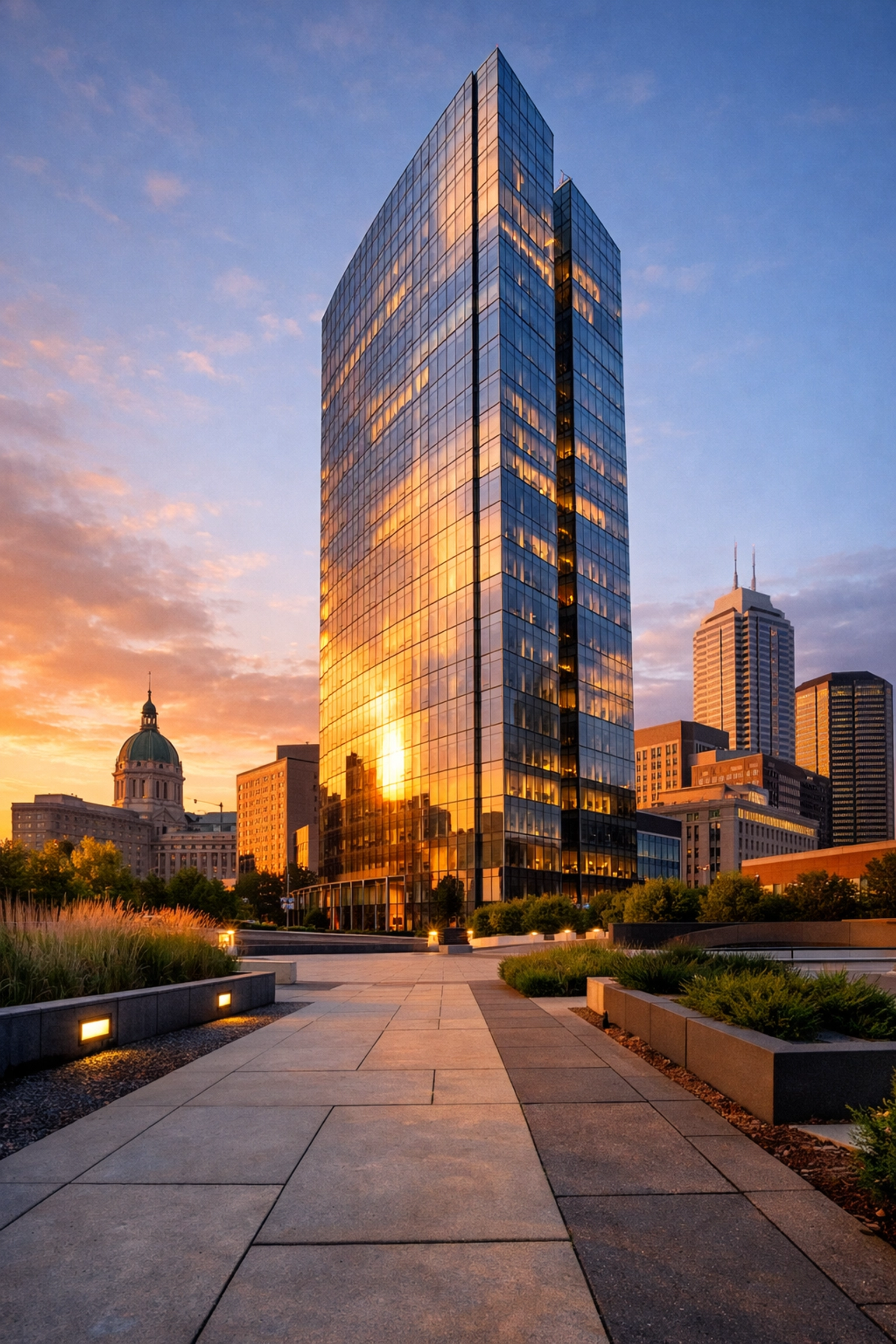 Contemporary Indianapolis office building exterior showcasing high-quality commercial real estate in the Midwest.