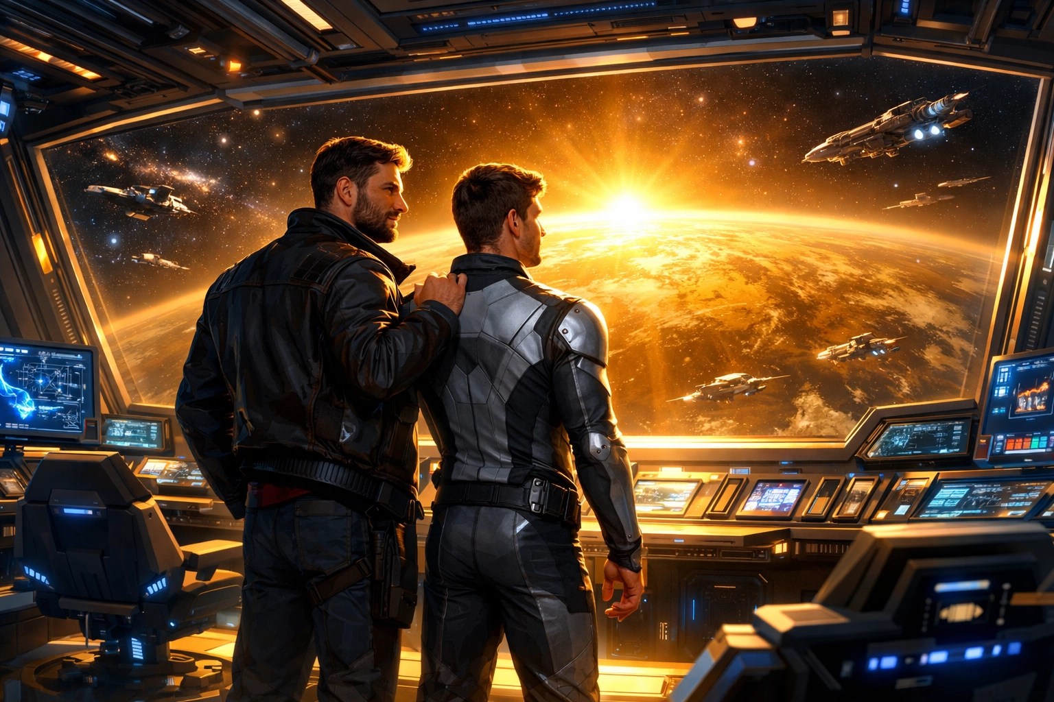 A gay couple stands on a starship bridge looking at a sun-drenched planet in a hopeful gay fiction adventure.