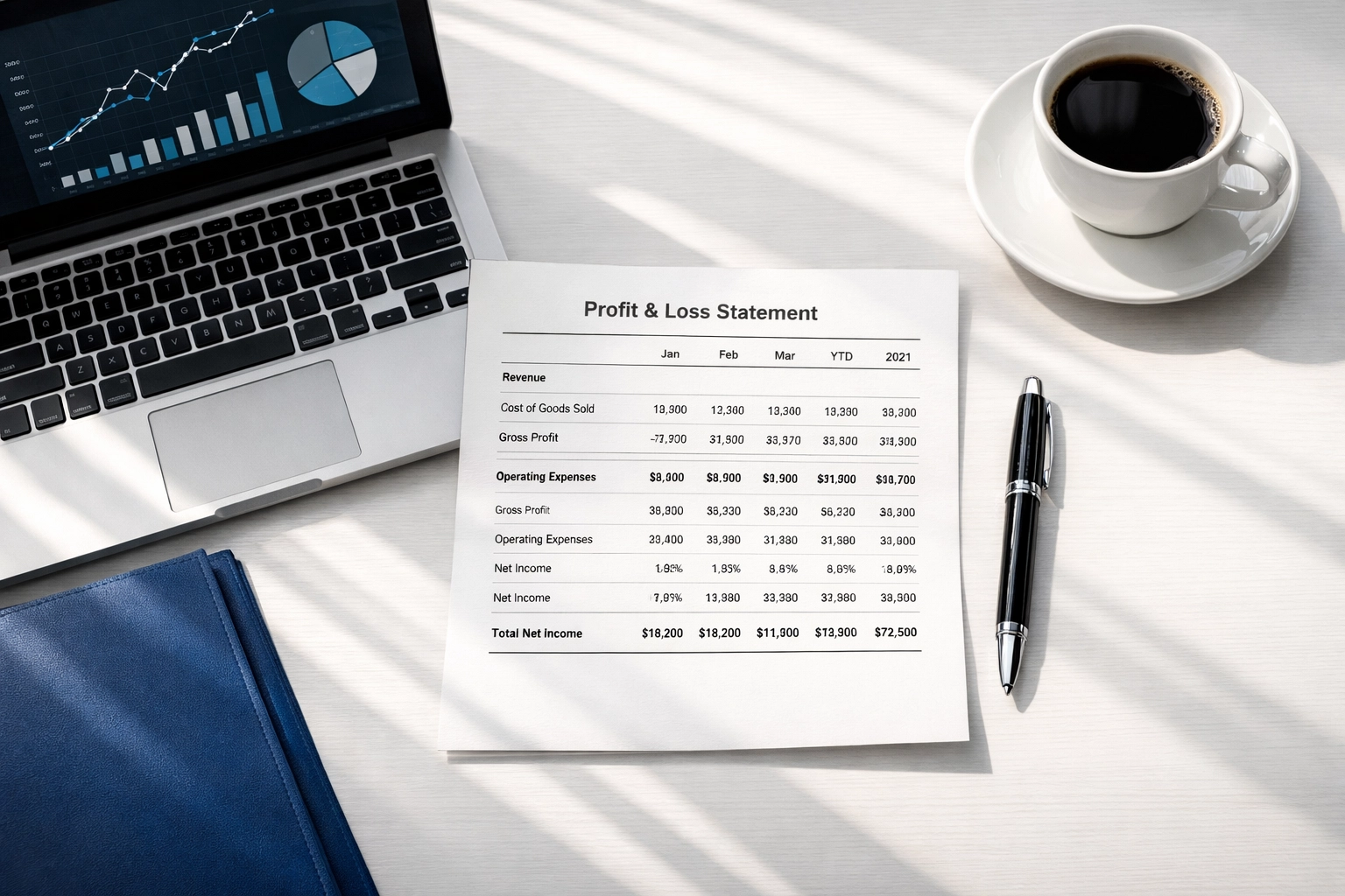 Organized profit and loss statement on desk showing clean business financials