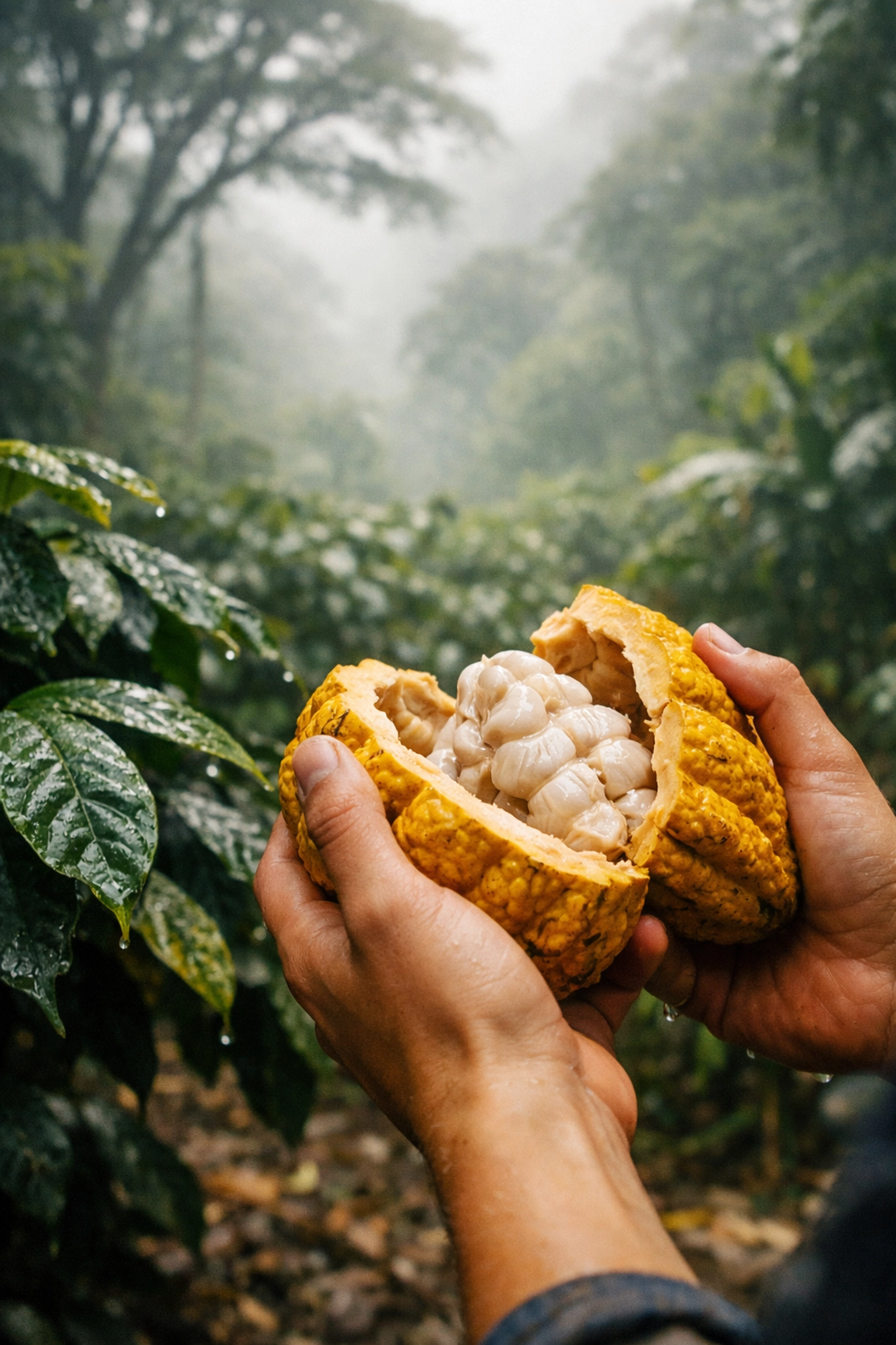 Student holding a cacao pod in a Costa Rican permaculture forest on a rainforest food science tour.