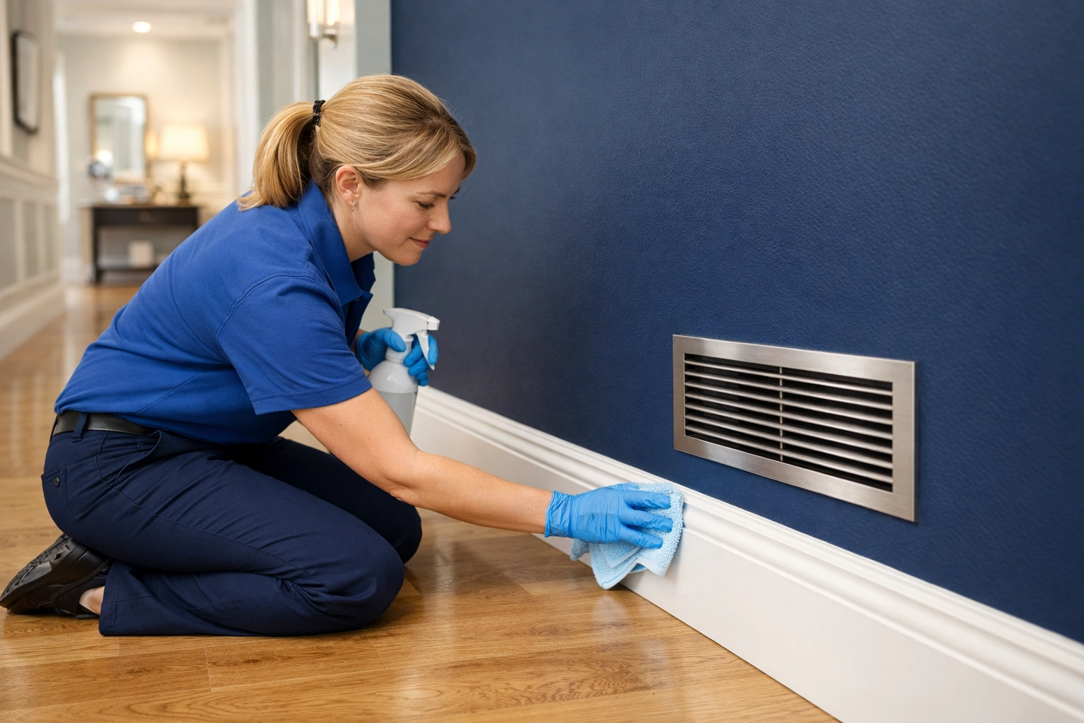 Expert deep cleaning MA service meticulously scrubbing baseboards and vents for a dust-free home.