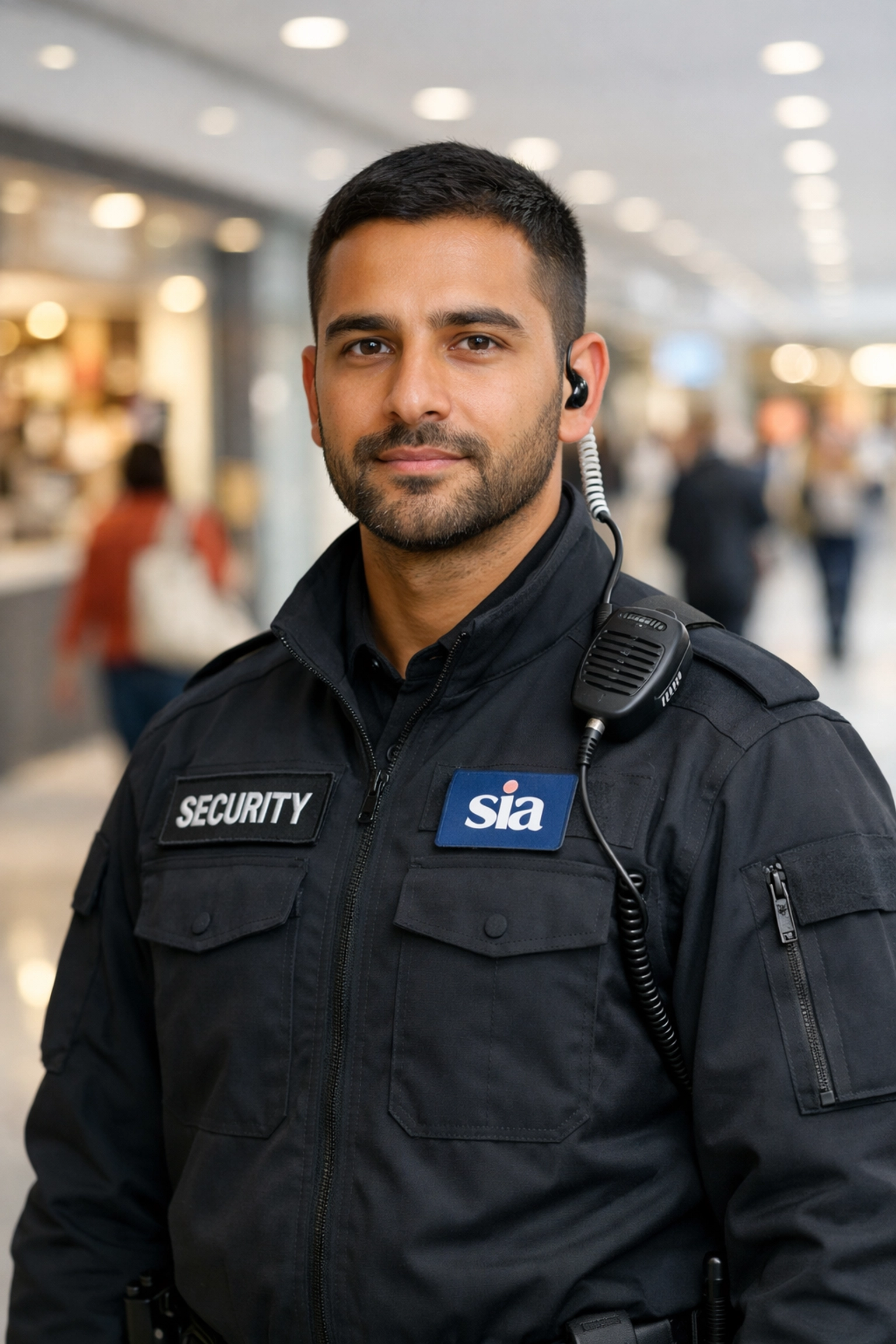 Professional SIA-licensed security guard providing expert security guard services in a commercial building.