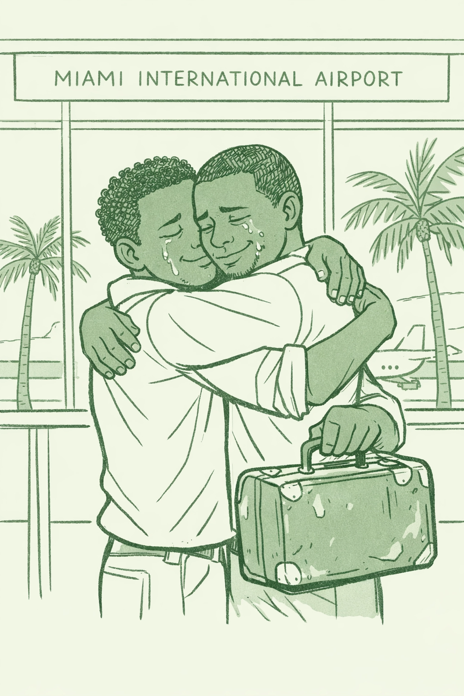 Haitian gay couple embracing at Miami airport after fleeing LGBTQ+ persecution