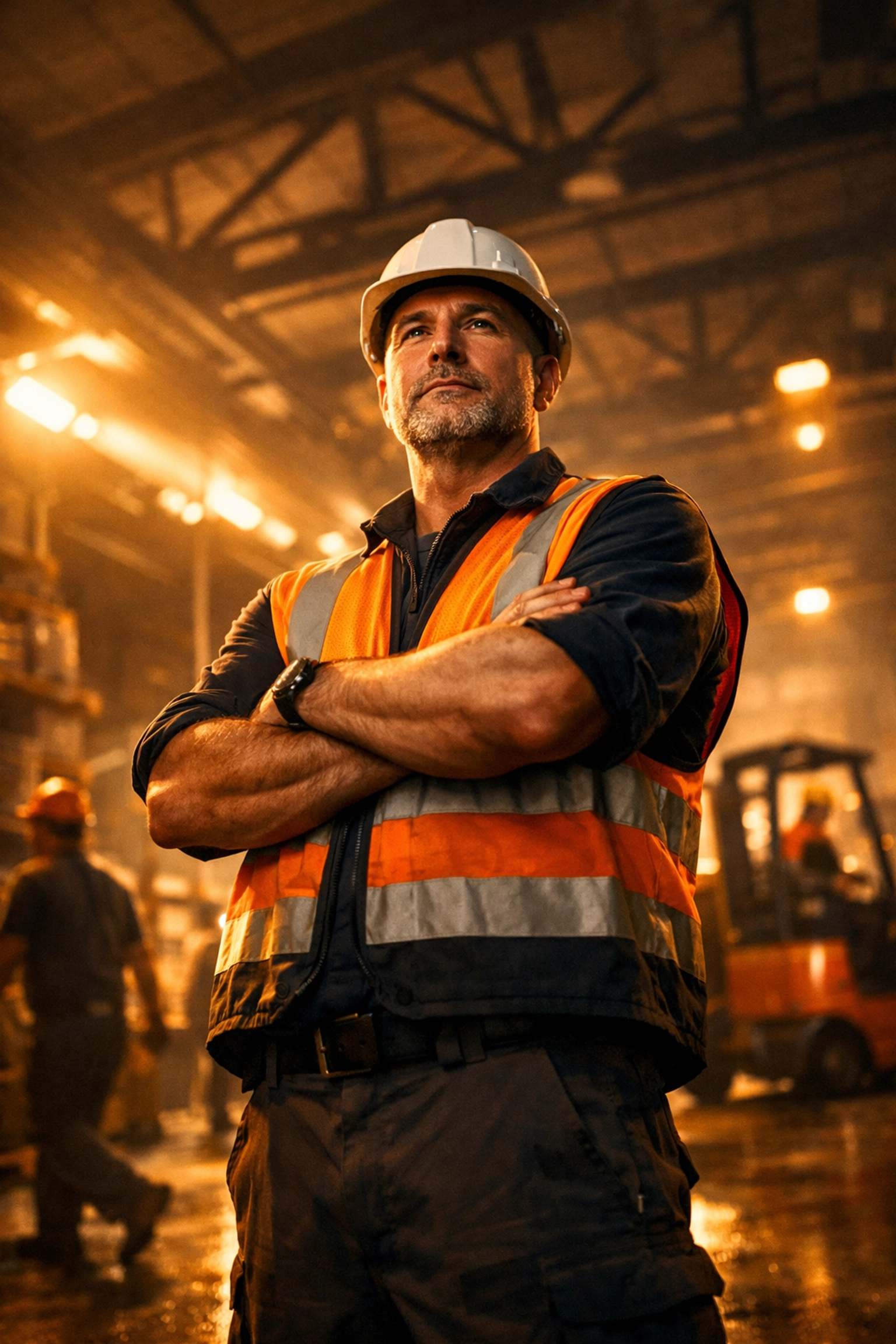 Safety supervisor standing confidently in warehouse enforcing consistent workplace safety standards