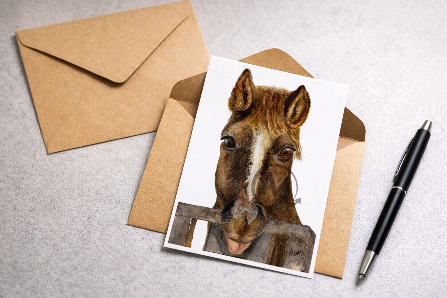 Curious Horse watercolor print by Missy (with watermark), displayed in a mailed subscription scene