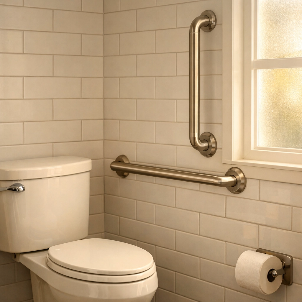 Bathroom toilet with horizontal and vertical grab bars mounted on adjacent wall for fall prevention