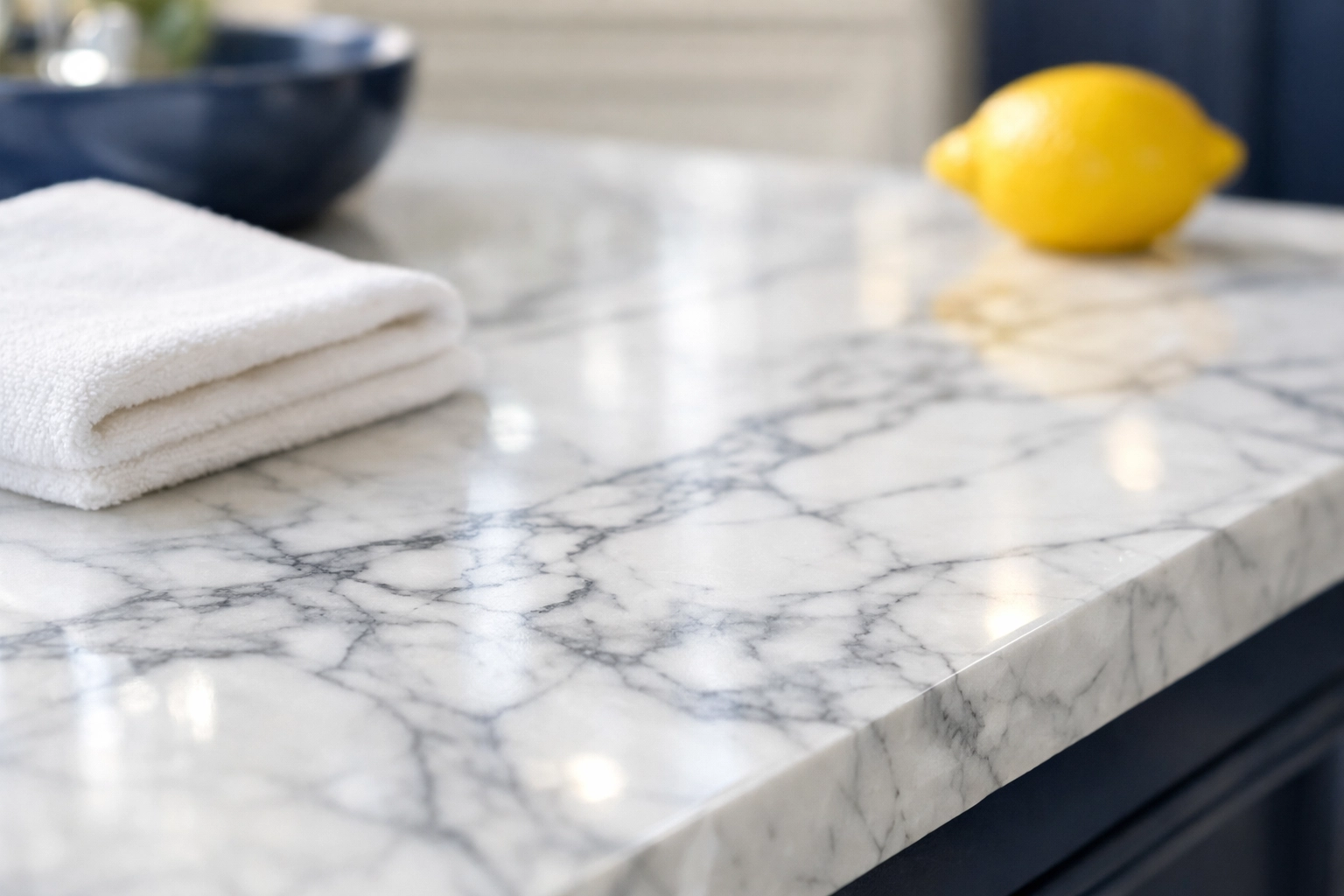 Eco-friendly residential cleaning Massachusetts on polished Carrara marble countertops in a Dover home.