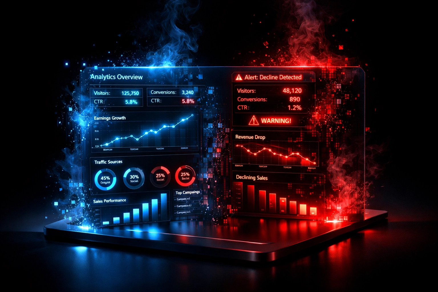 Marketing dashboard showing failing traditional metrics and misleading ROAS data