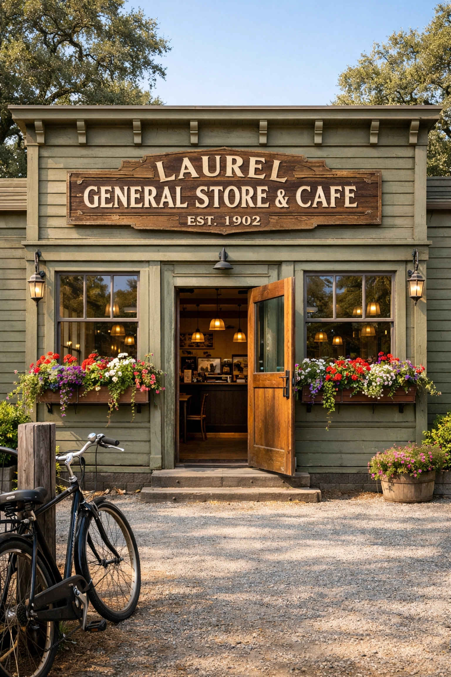 Historic 1902 Little Store building in Woodside showing cafe and flower shop exterior