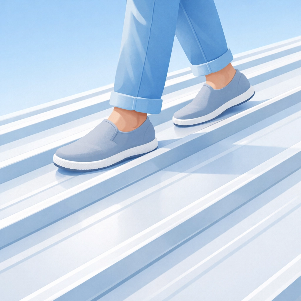 Proper way to walk on a metal roof using soft-soled shoes to prevent damage.