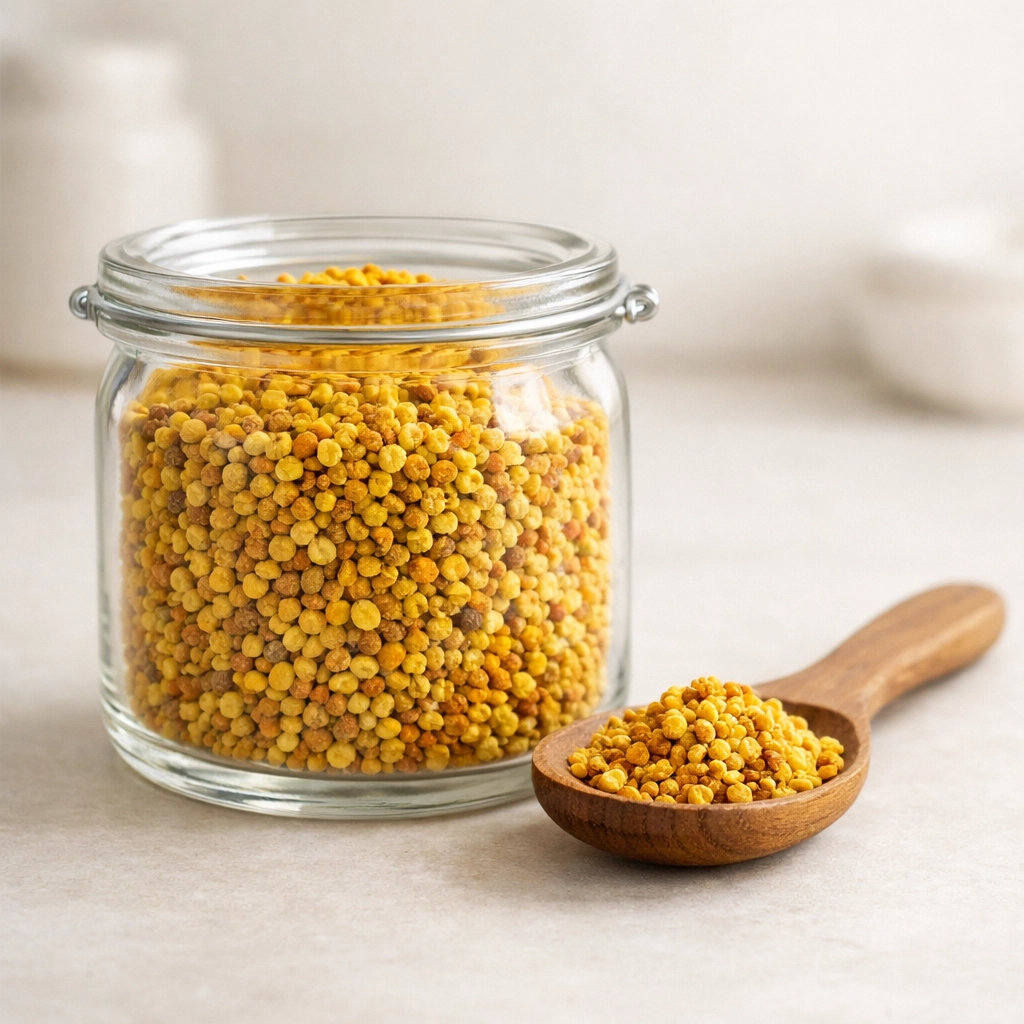 Natural Moroccan bee pollen jar and spoon, a complete natural dietary supplement.