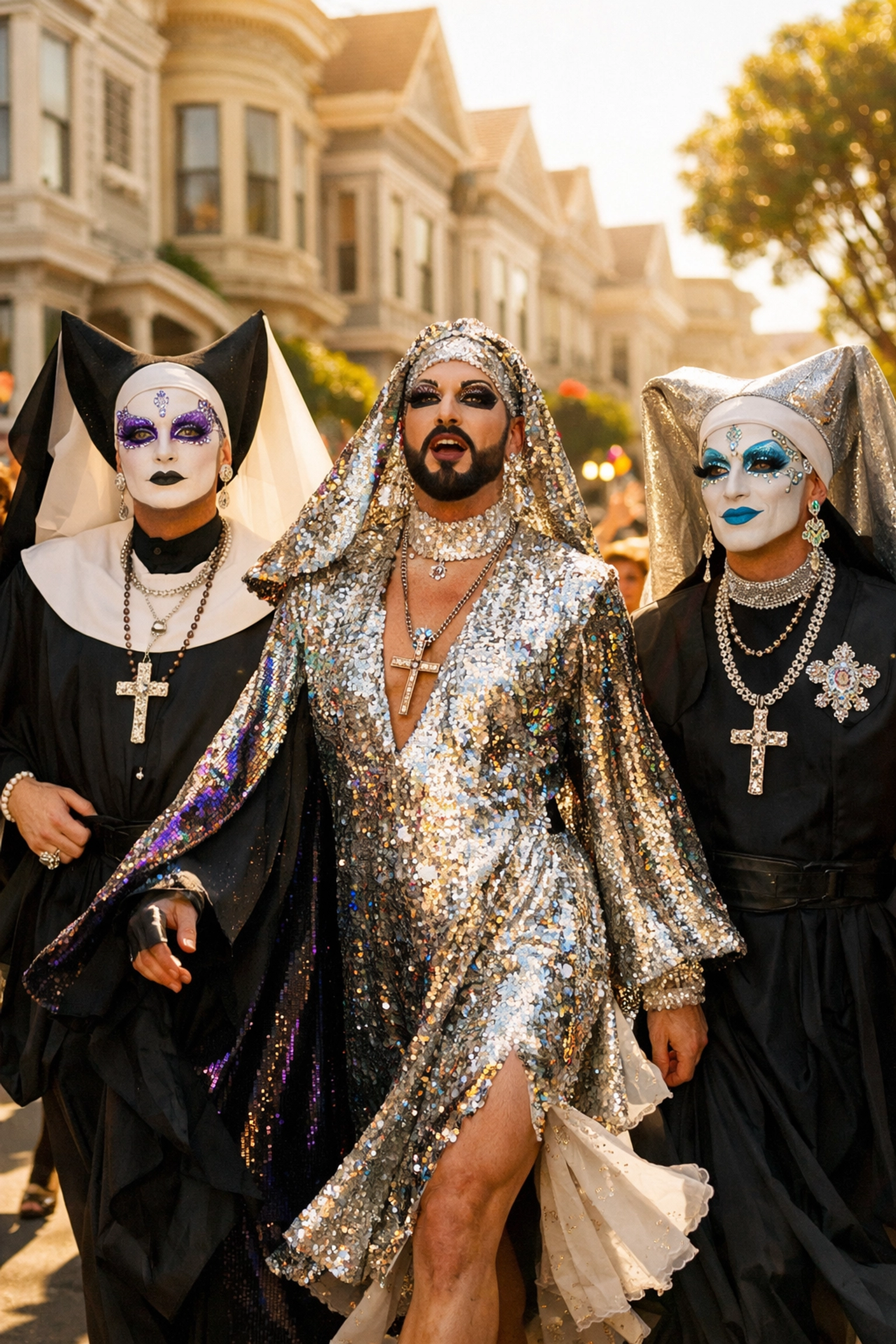 Sisters of Perpetual Indulgence in drag habits walking through San Francisco for queer resistance.