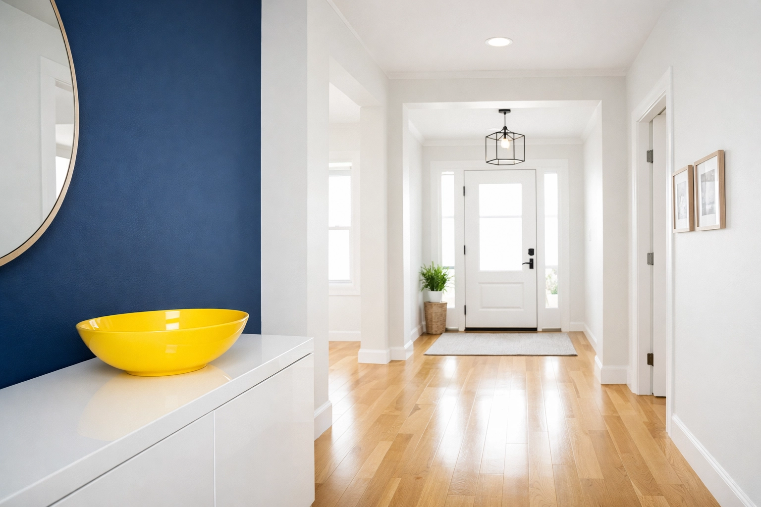 A bright, modern hallway in a Shrewsbury home showing the results of a professional post-holiday house cleaning.