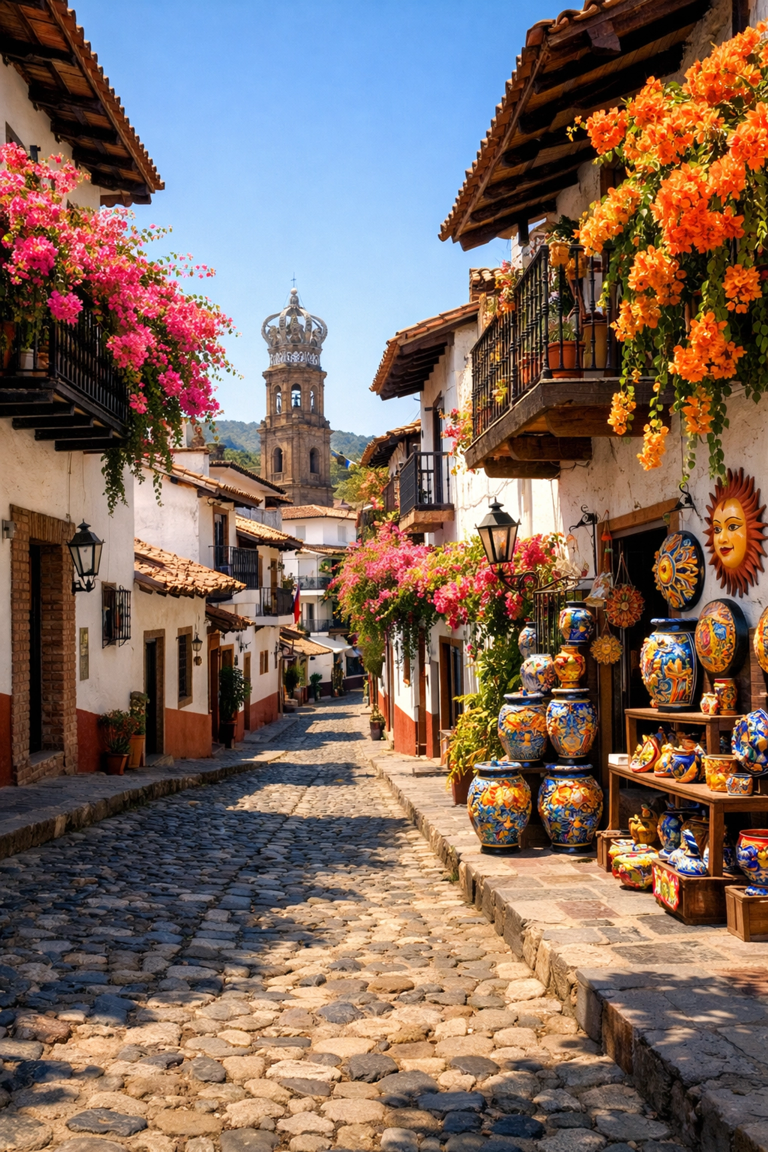 Colorful cobblestone street in Old Town Puerto Vallarta near charming Zona Romantica condo rentals.