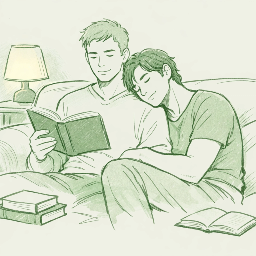 Two men reading together on couch - gay romance domestic intimacy and emotional healing