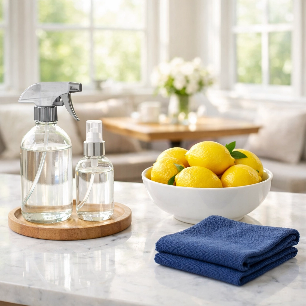 Clean marble kitchen island featuring eco-friendly house cleaning Natick MA supplies for a healthy home environment.