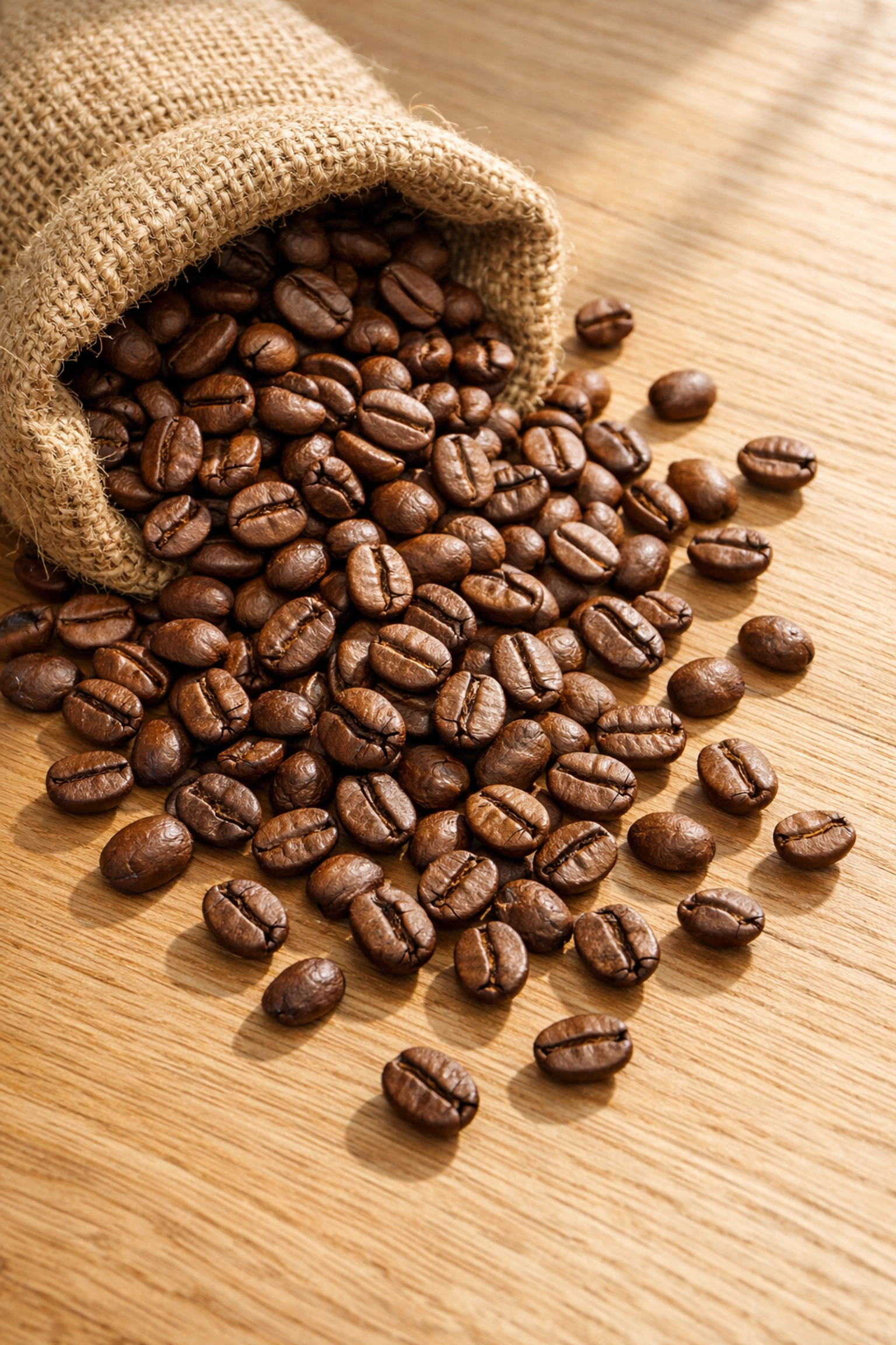 Freshly roasted medium-dark coffee beans spilling from a hessian sack onto a wooden surface.