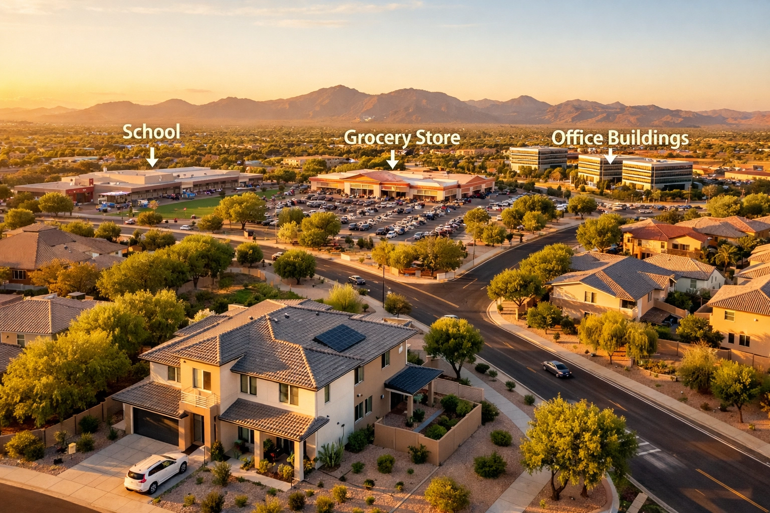 Aerial view of West Valley Arizona neighborhood showing proximity between homes, schools, and shopping