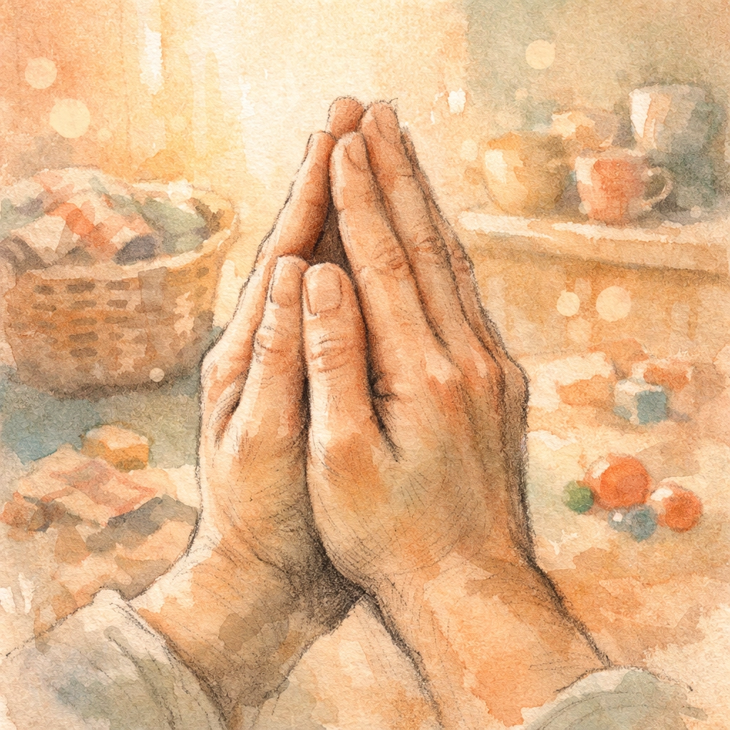 Parent's hands in prayer during midday devotional reset at home
