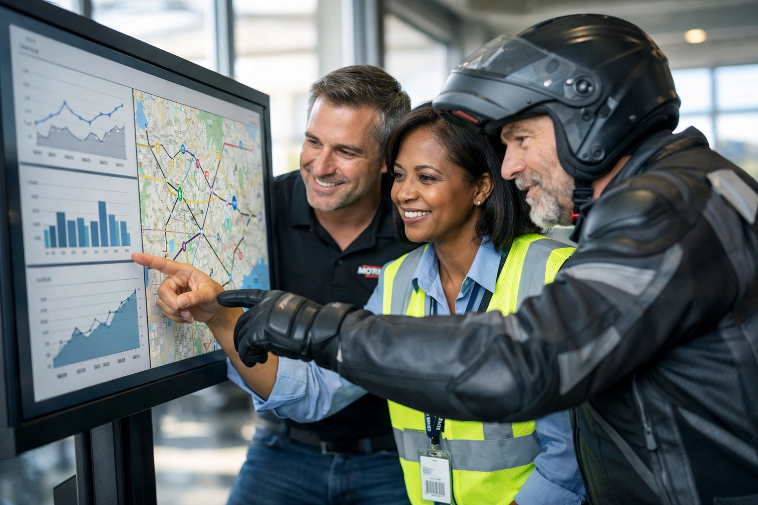 Industry stakeholders and safety officials collaborating on motorcycle safety data visualizations.