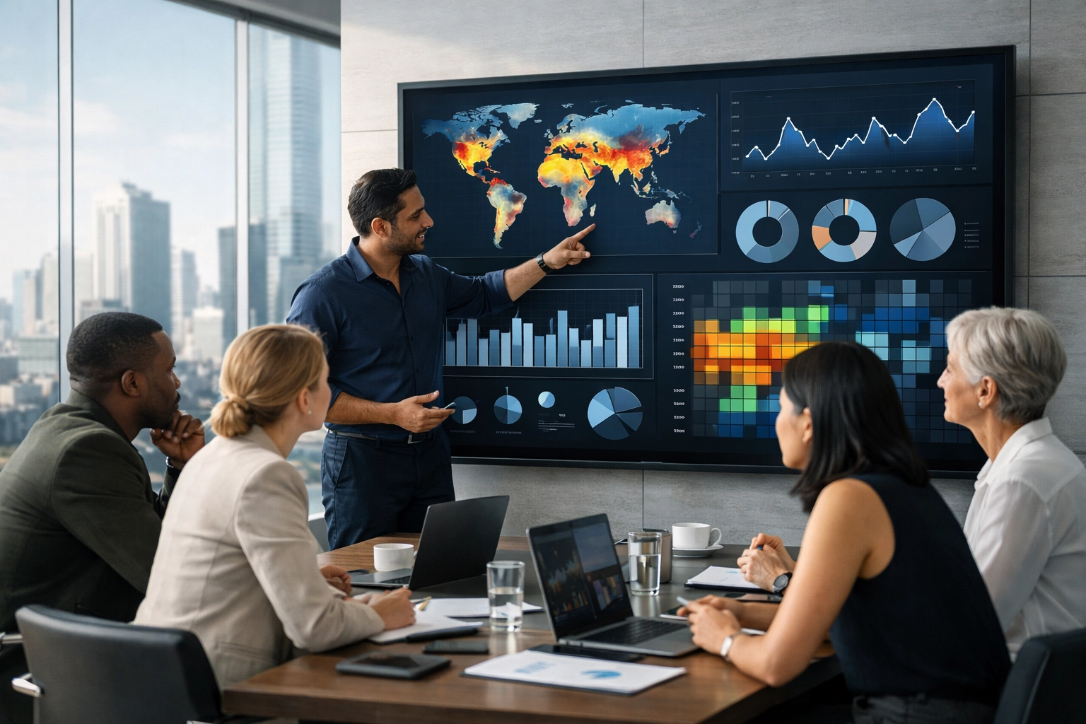 Specialized media consultants analyzing global strategy data in a professional boardroom.