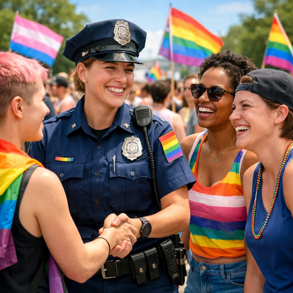 LGBTQ+ police officer connecting with queer community members at Pride event