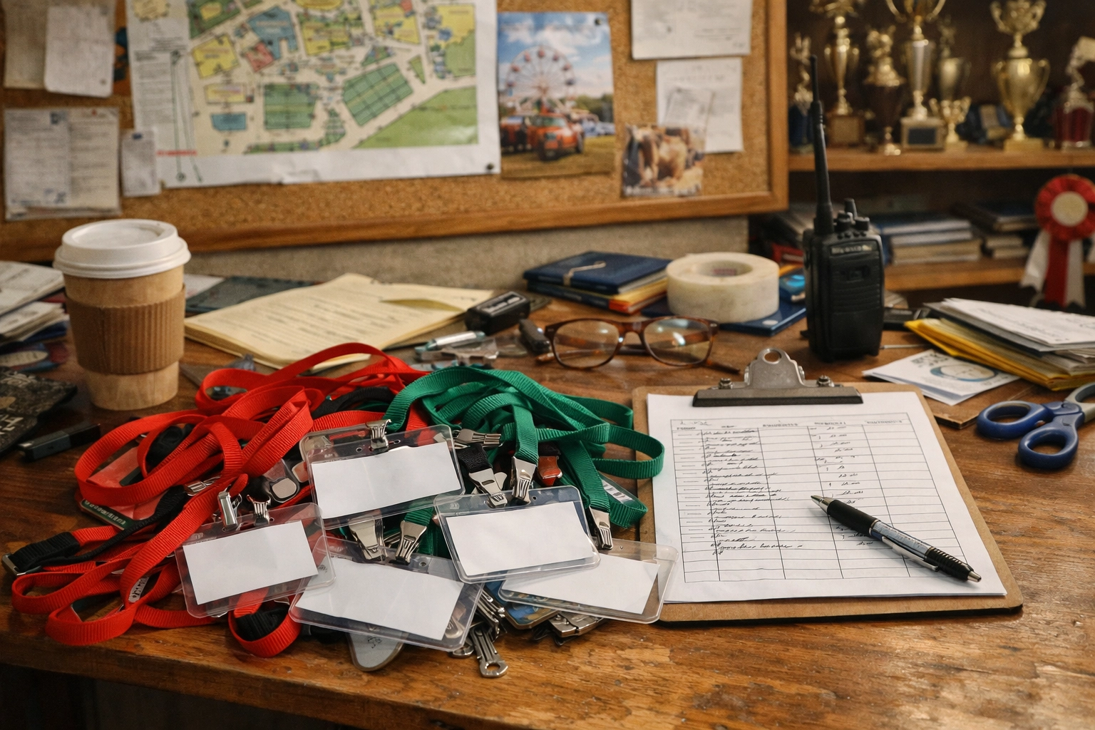 Discarded volunteer lanyards on a desk signify a fair board collapse after mass resignations.