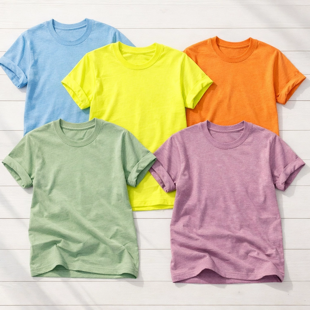 Custom t-shirts displaying 2026 color trends including glacier blue, neon yellow, and sage green