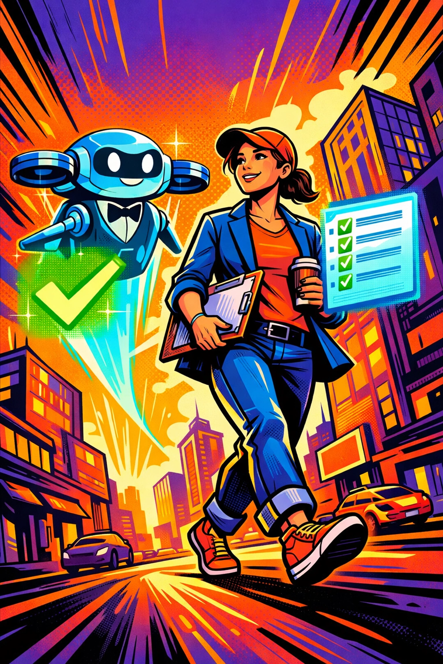 A small business owner walking with a futuristic AI assistant managing their daily schedule.