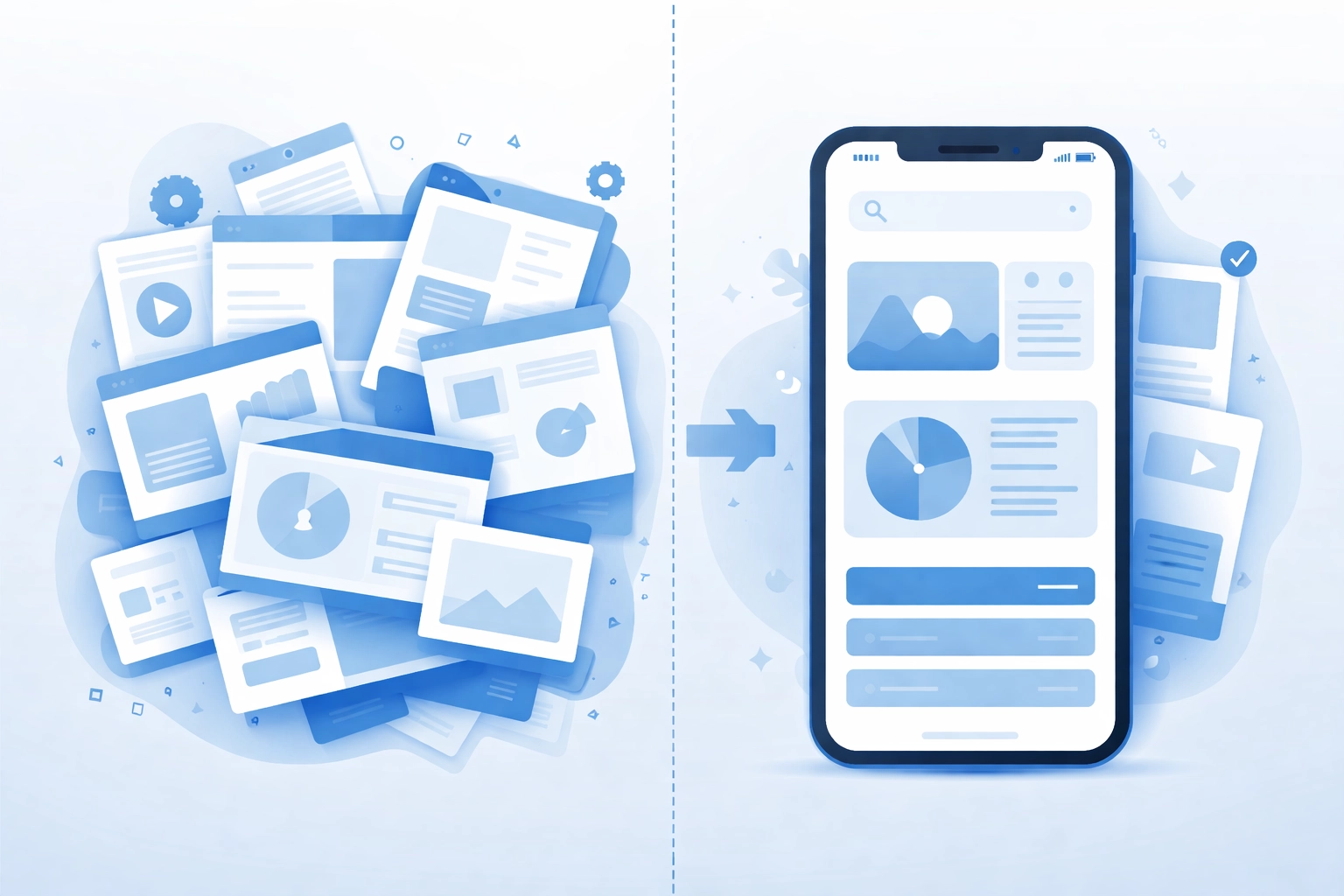 Split-screen comparison of cluttered website versus organized mobile layout demonstrating mobile-first website transformation