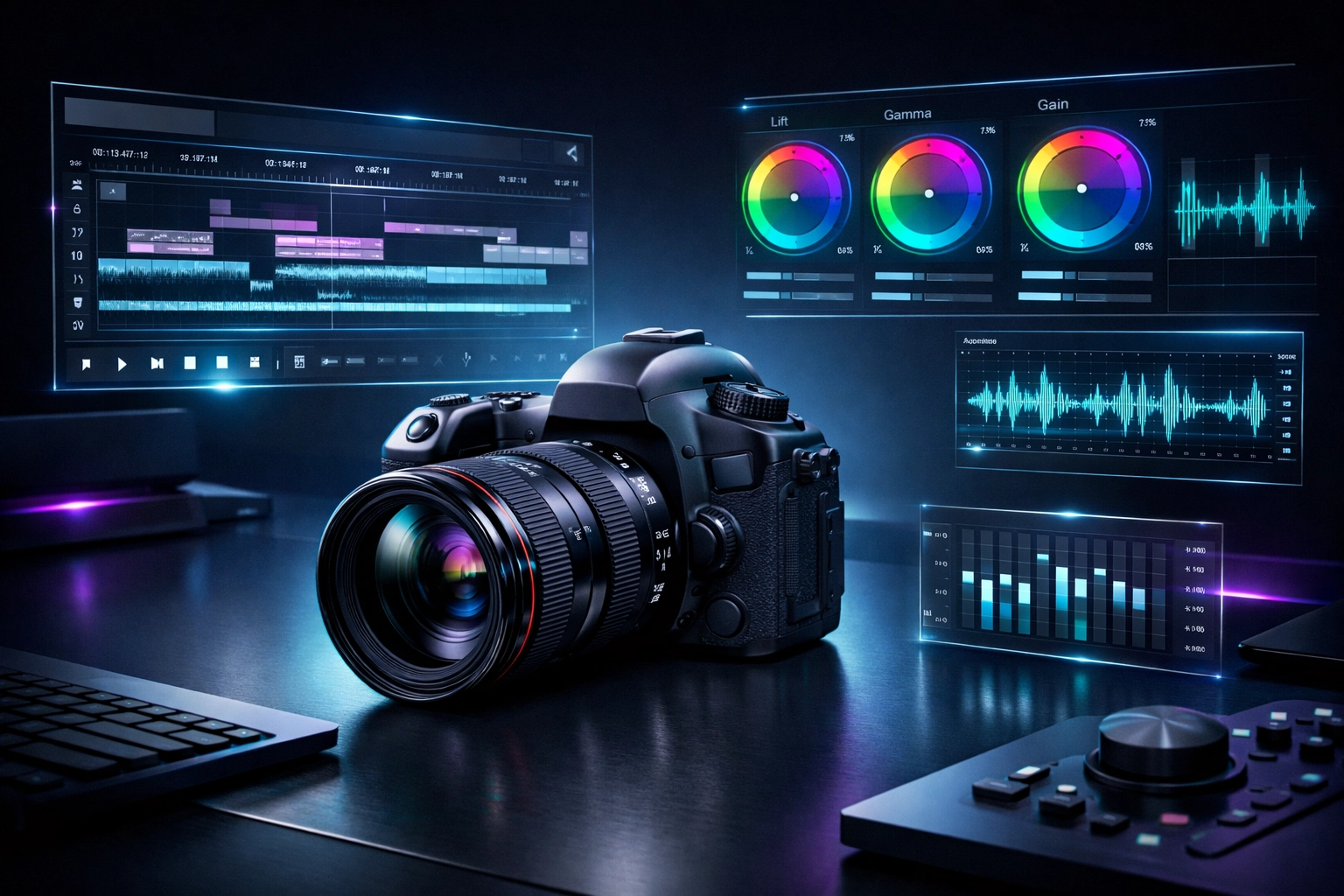 Professional video production setup with camera and digital editing interfaces by Simon Leung
