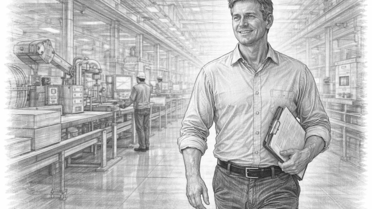 A confident business owner walks through a modern manufacturing facility holding a clipboard, symbolizing leadership, preparation, and oversight.