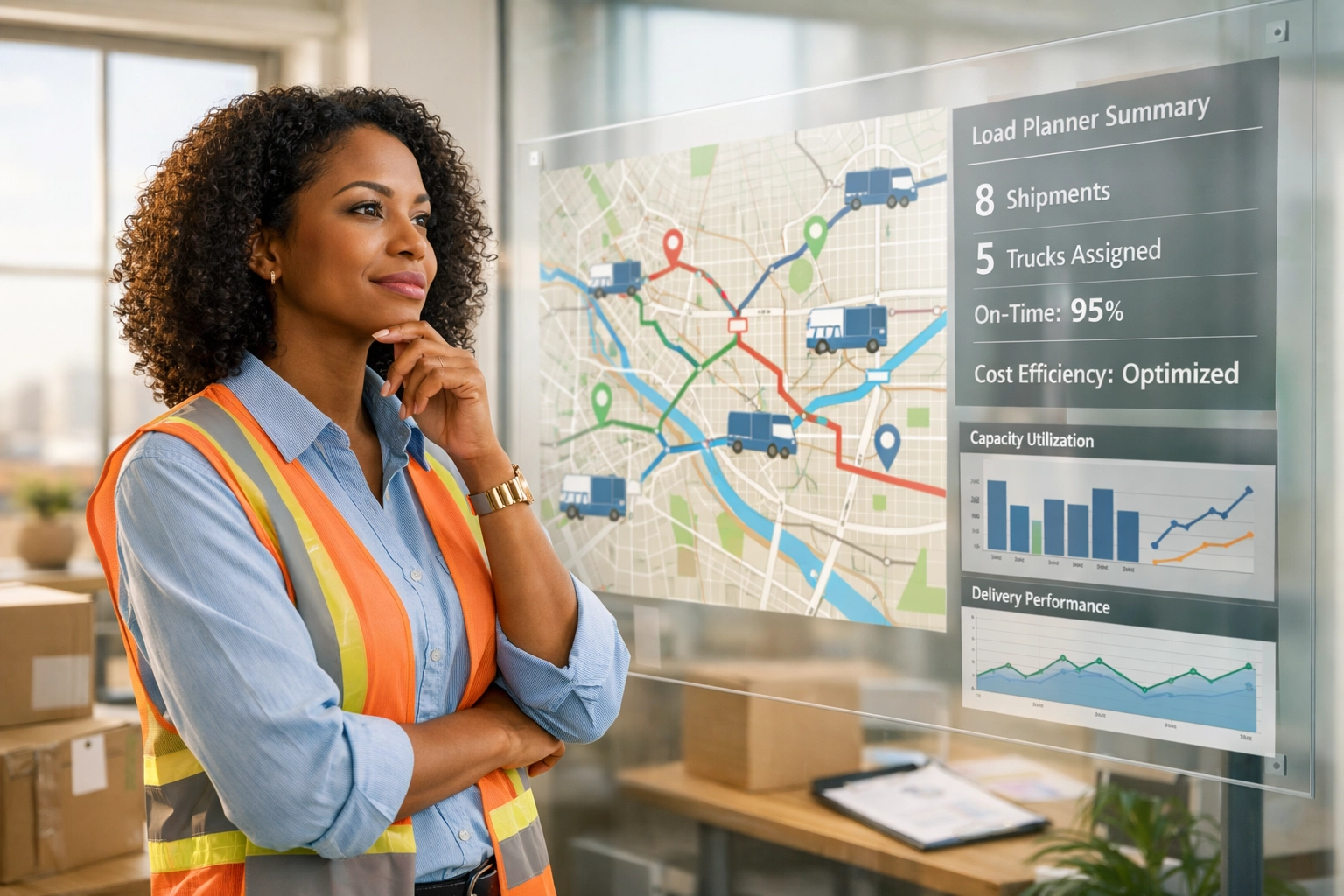 Logistics professional using a digital map for efficient load planning and carrier rate negotiation.