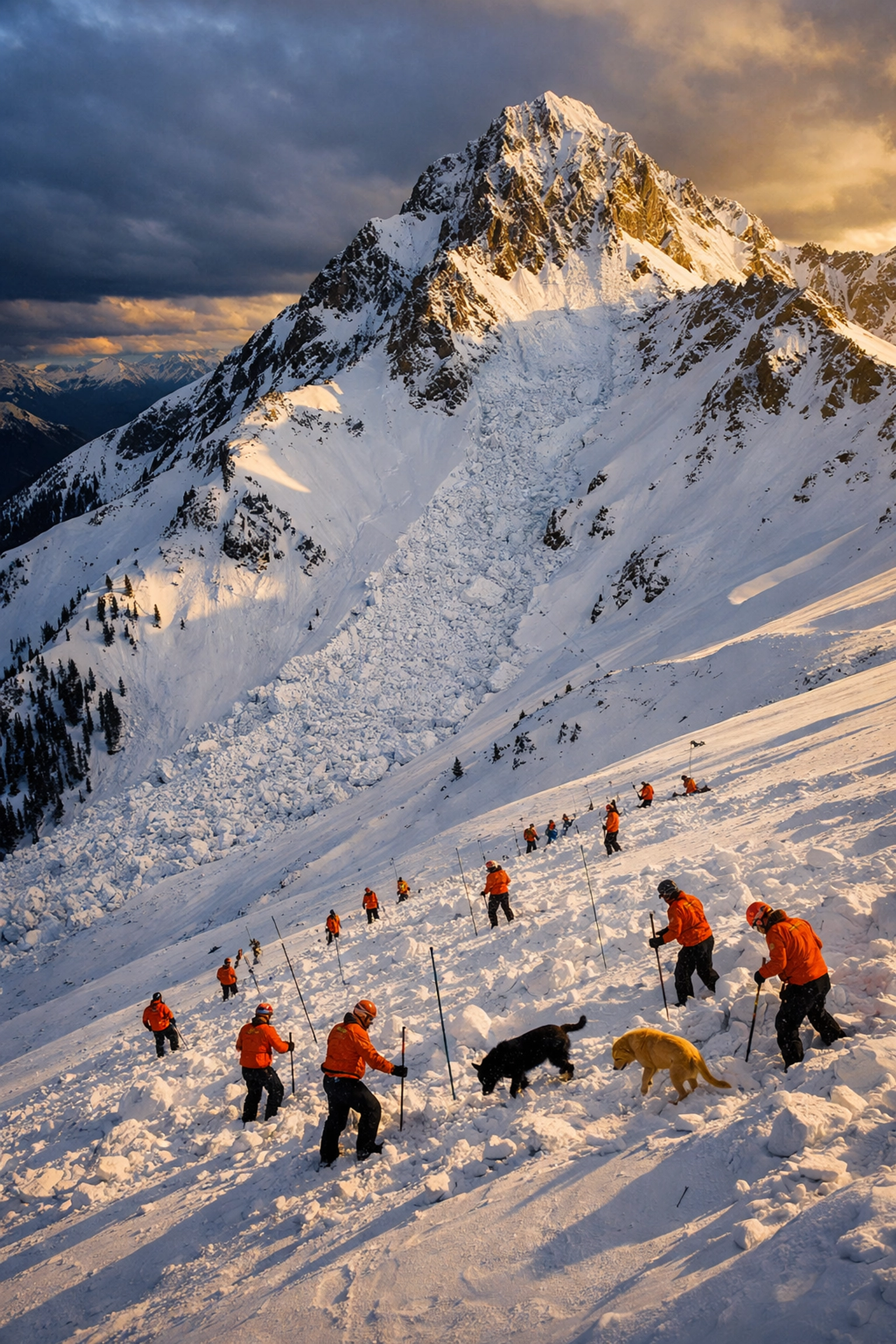 Aerial view of avalanche rescue operation near Lake Tahoe with search teams on snowy mountain terrain