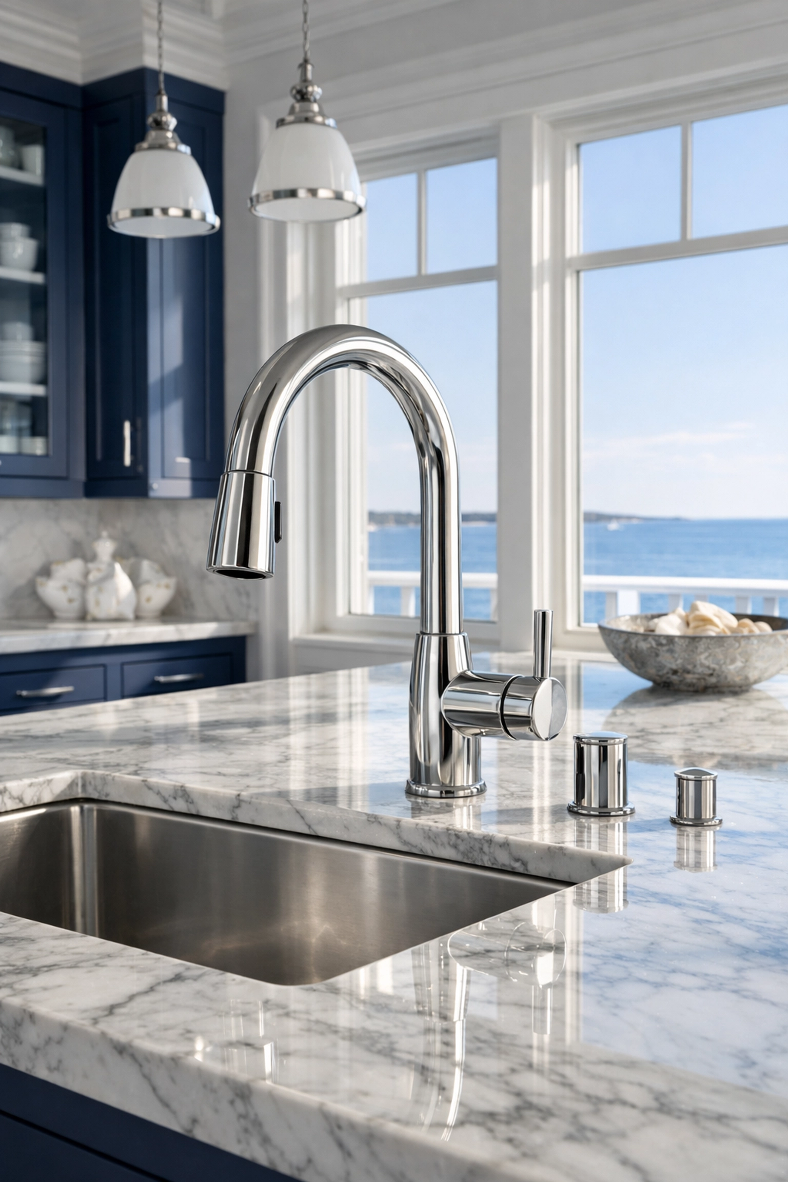 Stainless steel kitchen fixtures in a Duxbury home kept pristine with eco-friendly cleaning services.