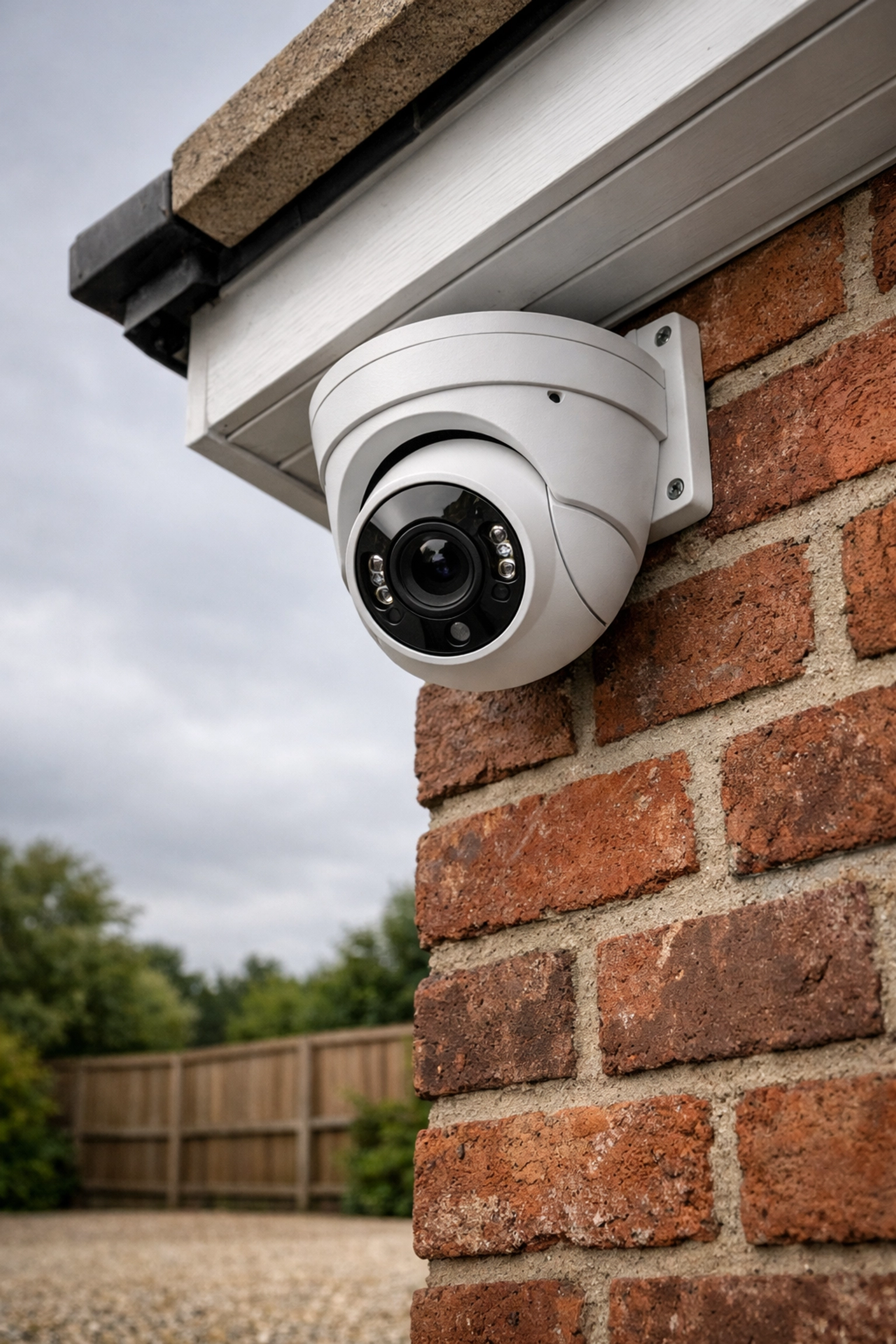 A high-definition IP CCTV camera professionally installed on a traditional brick house.