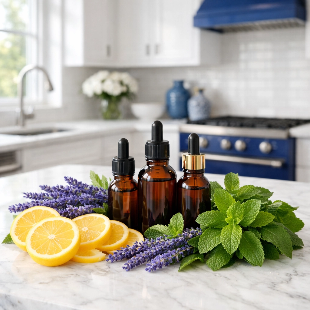 Fresh lemon and lavender ingredients for natural DIY essential oil home perfumes and scents.