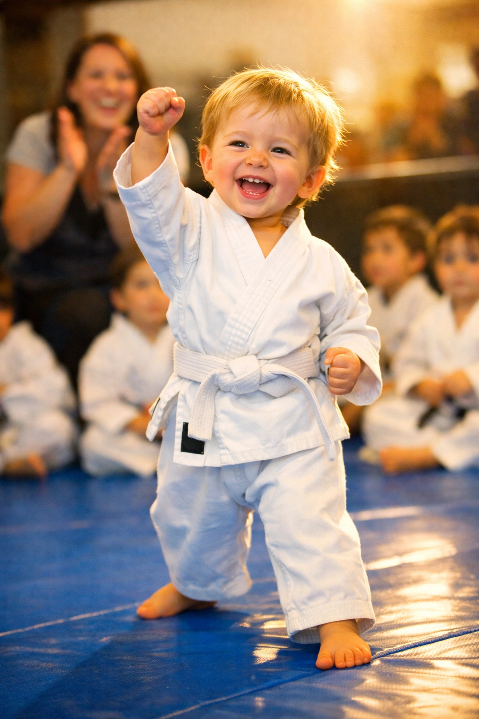 Young child celebrating martial arts achievement while parent watches proudly from sidelines
