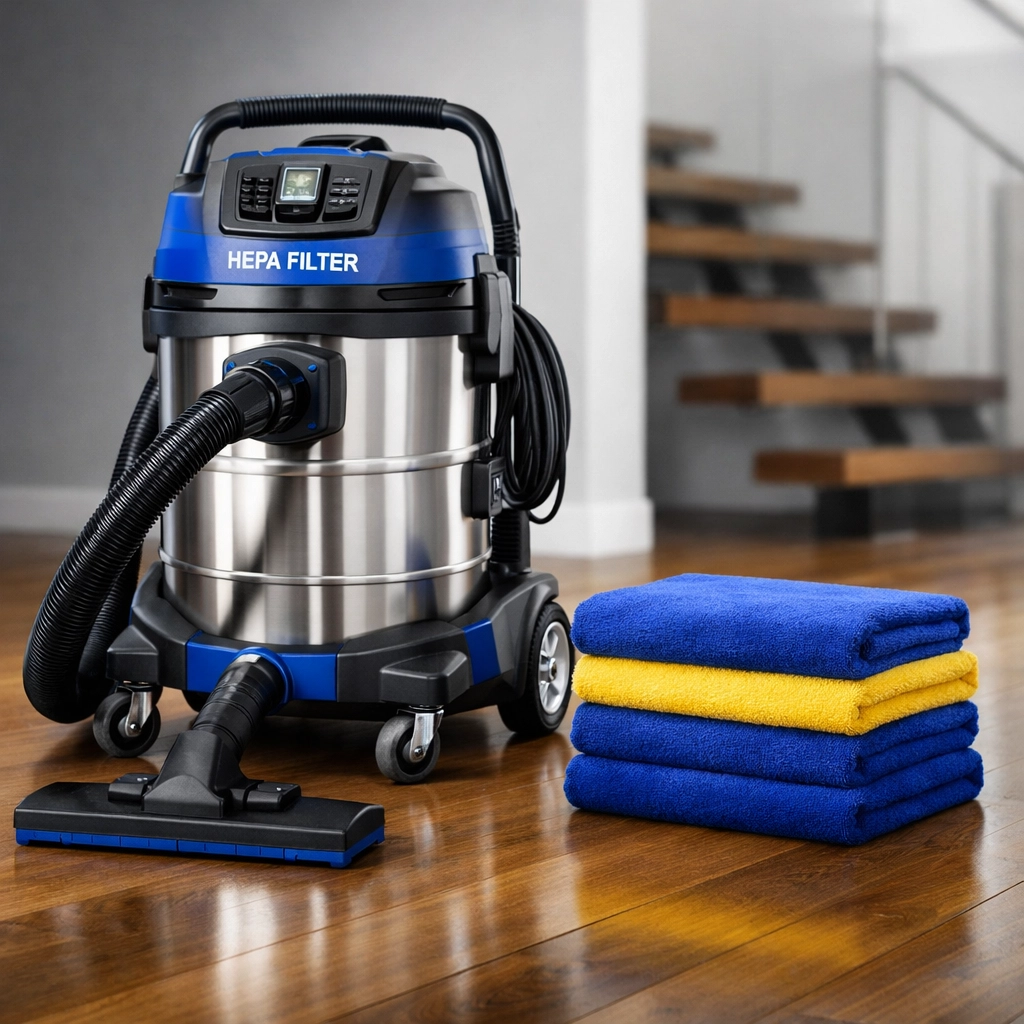 High-end HEPA vacuum and microfiber cloths used for professional post construction cleaning Maynard on hardwood floors.