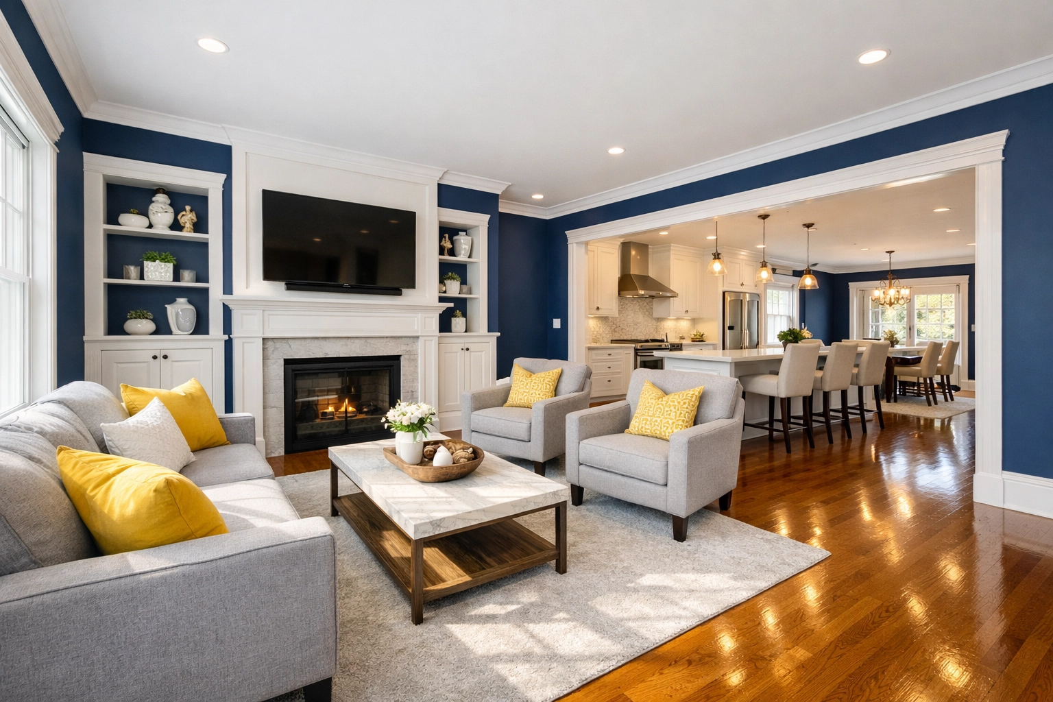 Clean and renovated open-concept living area in Massachusetts after post construction cleaning in Walpole.