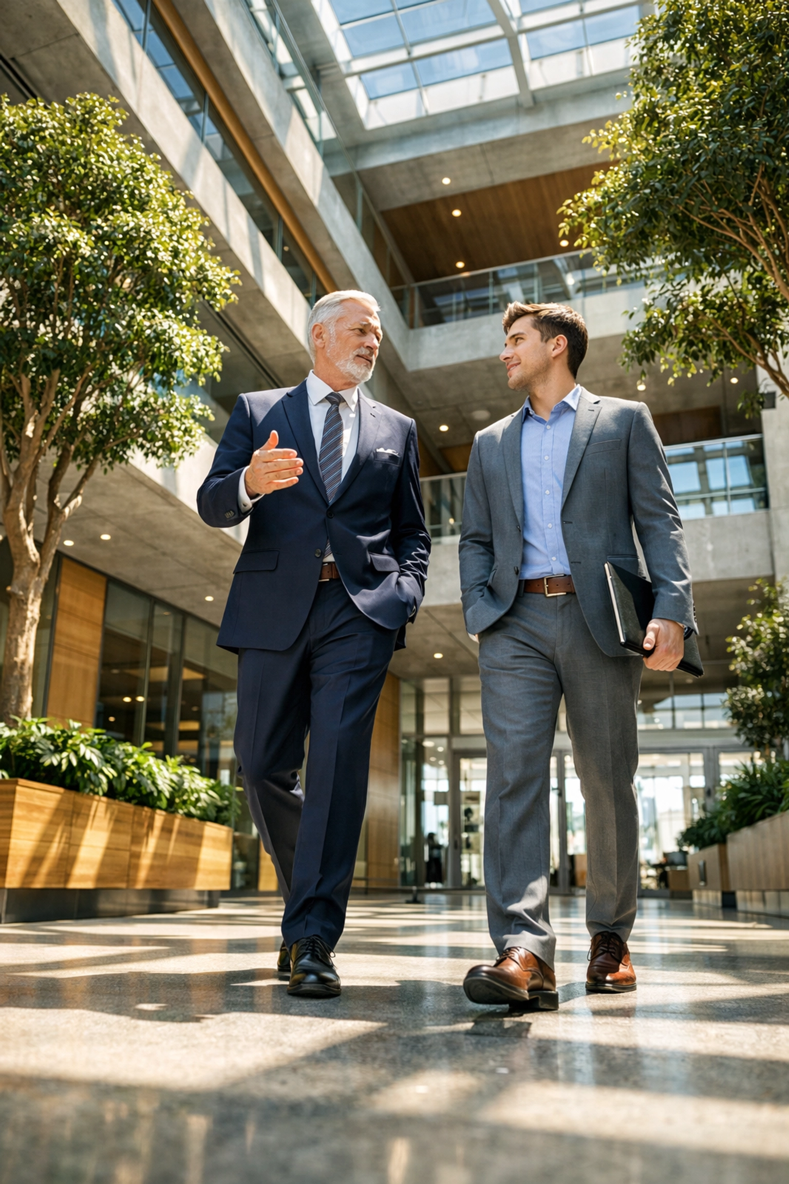 Senior executive and junior apprentice walking in a sun-lit office, representing a sustainable tech talent strategy.