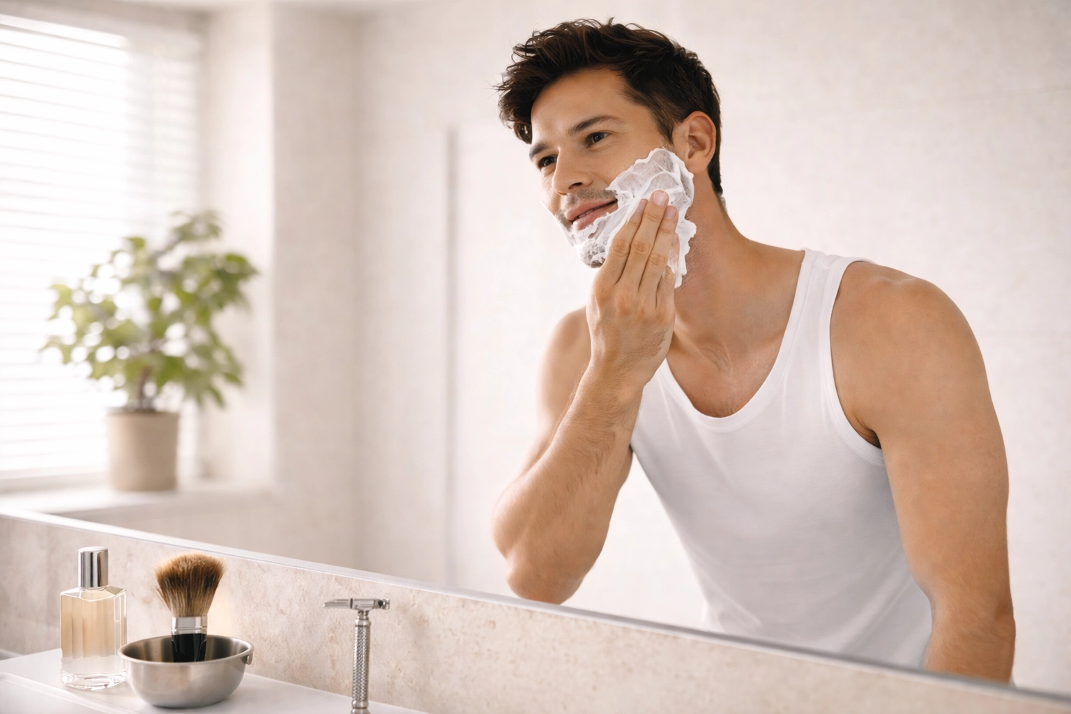 Man applying shaving cream in a bright bathroom, illustrating facial hair grooming for men.