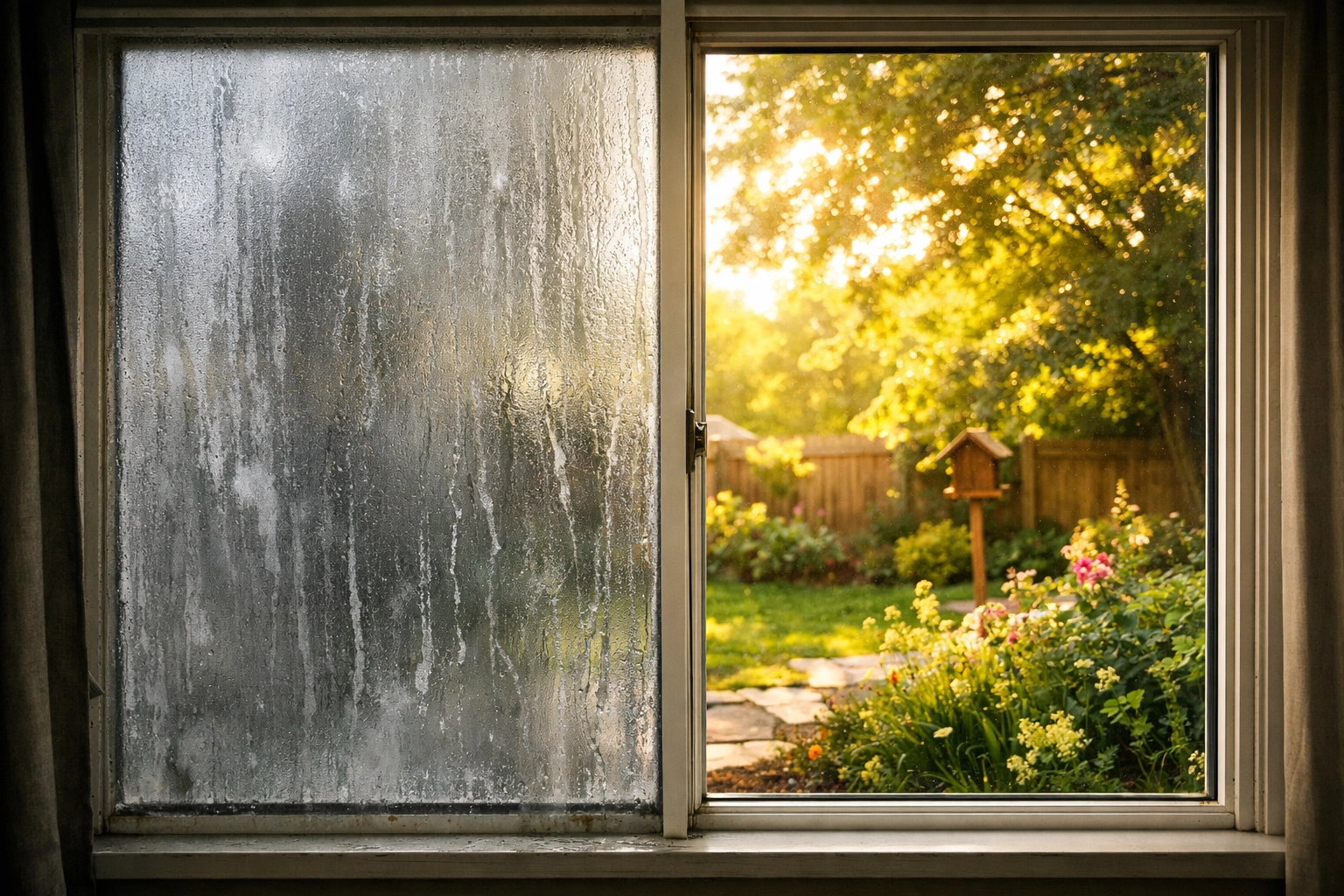 Side-by-side view of a foggy window next to clear glass restored through professional glass replacement.