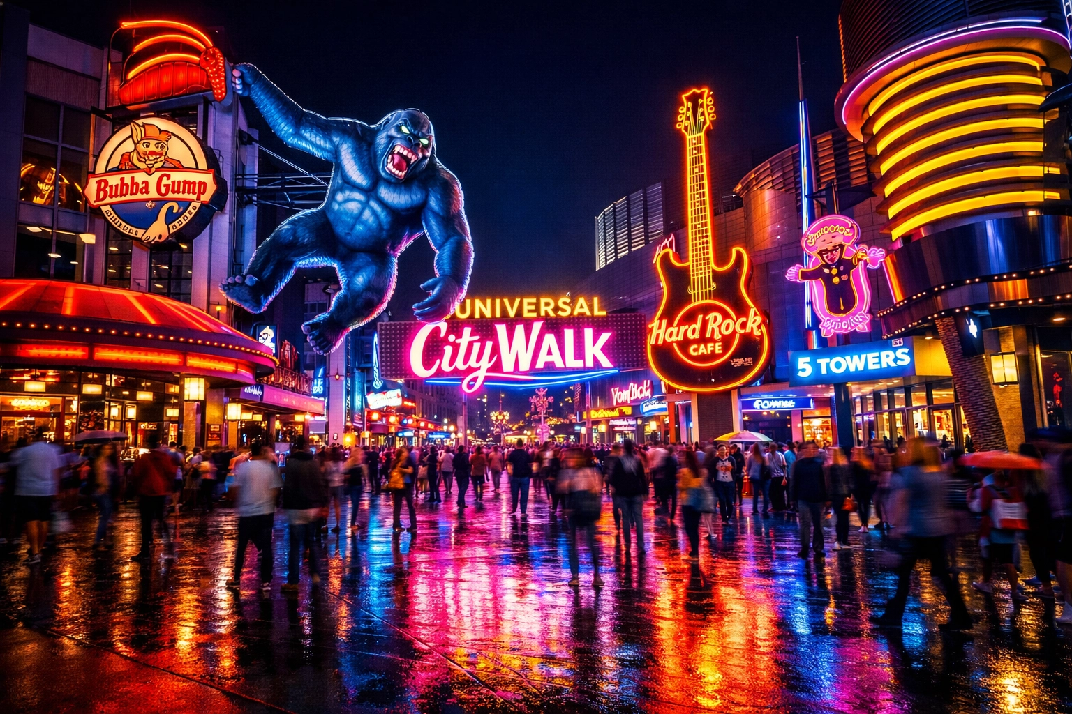 Vibrant neon lights and the King Kong landmark at Universal CityWalk, among the best photography locations at night.