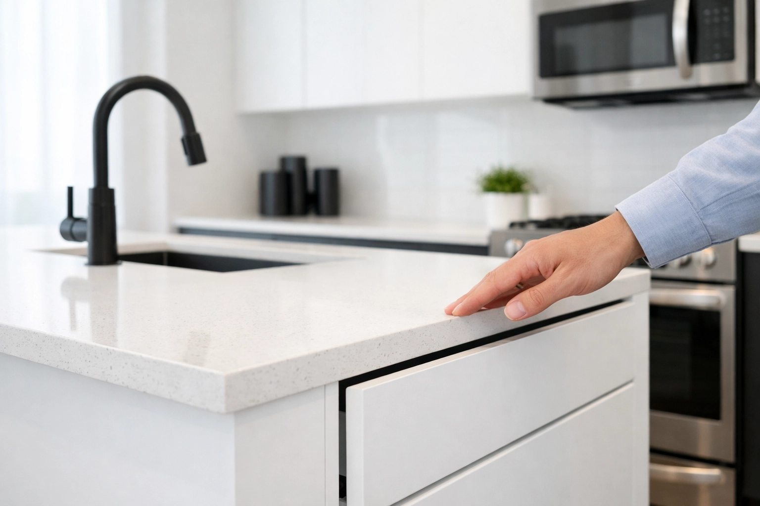 Professional quality check in a modern multifamily kitchen to ensure a rent-ready unit.